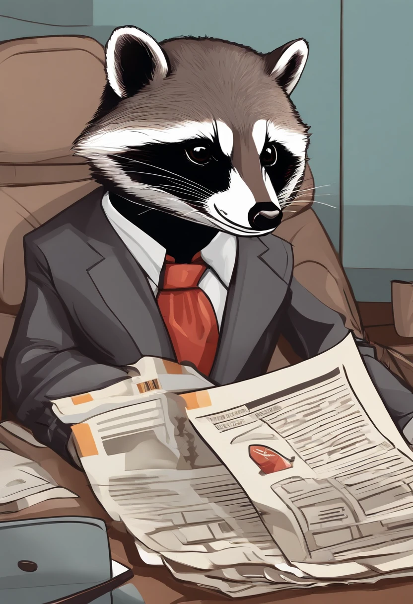 Imagine a raccoon in a smart suit, With a tie，Holding a financial newspaper in his hand. He sits in front of the computer, Track charts and numbers on the screen. His face shows focus and determination when making analytical and investment decisions. By your side, There may be symbols related to financial markets, Such as stock charts or stock exchanges.