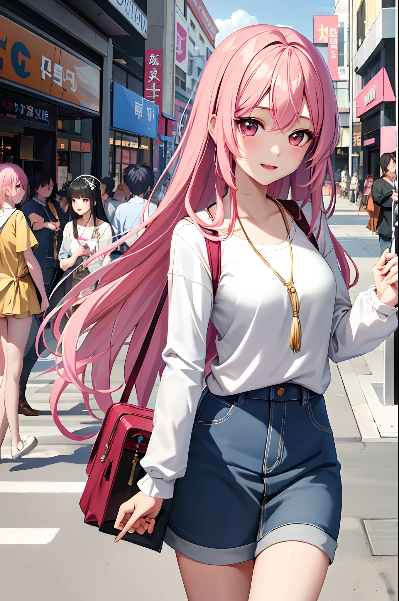 Absurdres, Masterpiece, Best quality, light colors, pastel colors, korean girl with Beautiful face , a character from an online game, ragnarok online anime, doll eyes, happy face, casual clothes, city mall background, detailed background