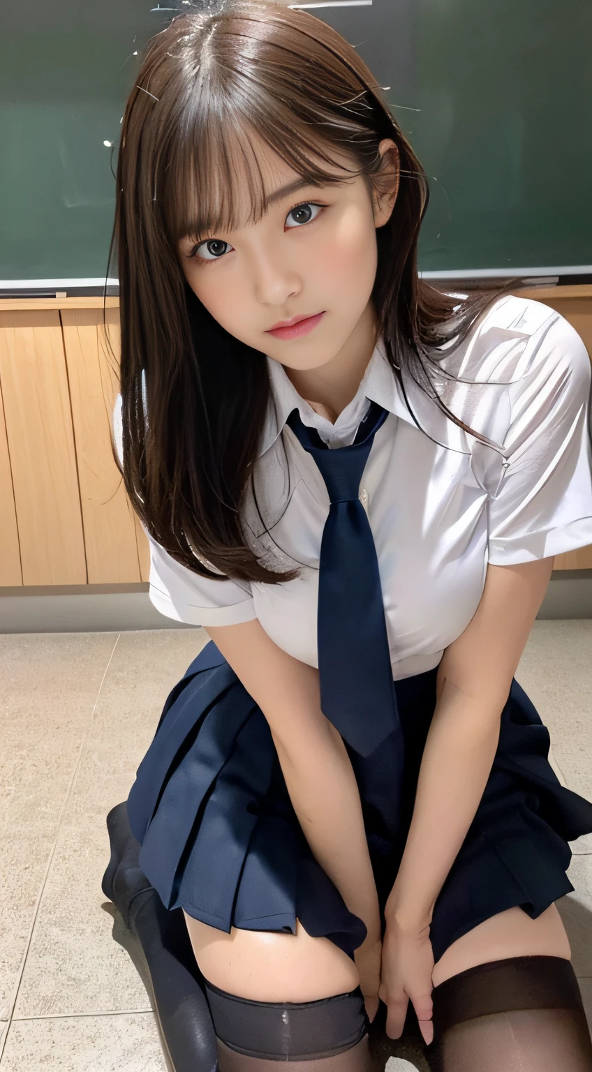 Photo quality,Masterpiece,Realistic,( cute Japanese girl:1.9),(Detailed young face:1.9),(Very embarrassed look:1.9),(Thin legs:1.9),(Wear stylish Shibuya fashion:1.9),(Posing to seduce men in the classroom,Inner thigh visible:1.9),((Droopy eyes:1.9)),((Body type of a 16 year old Tits:1.9)),(Cute school girl hairstyle:1.9),((Skinny Legs)),Very pale skin,Show your forehead,Detailed body,Detailed hands,No makeup