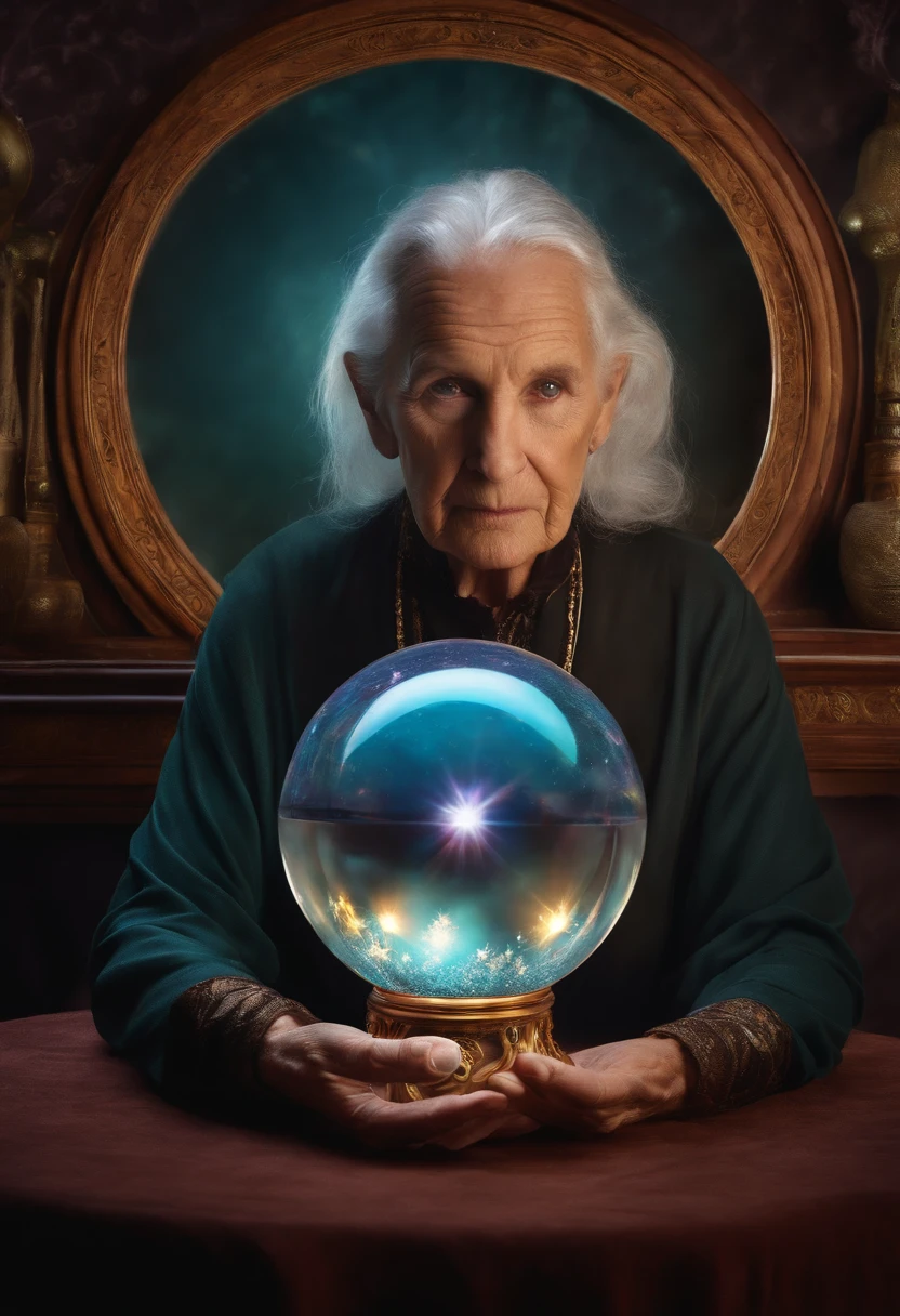 Elderly Psychic With Crystal Ball With Crystal Ball Looking Ahead