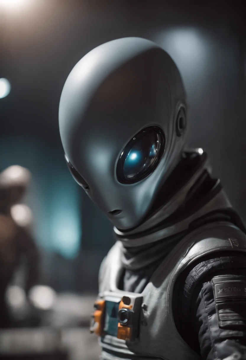 a Roswell alien, distinctive black eyes, wearing a spacesuit, ultra-sharp focus, realistic snapshot, 8k, vivid colors, fine details, otherworldly atmosphere, mysterious lighting, sci-fi surrealism