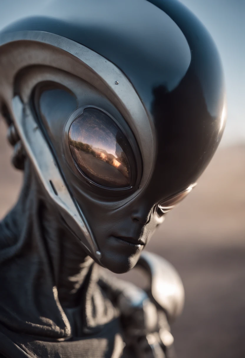 a Roswell alien, distinctive black eyes, wearing a spacesuit, ultra-sharp focus, realistic snapshot, 8k, vivid colors, fine details, otherworldly atmosphere, mysterious lighting, sci-fi surrealism