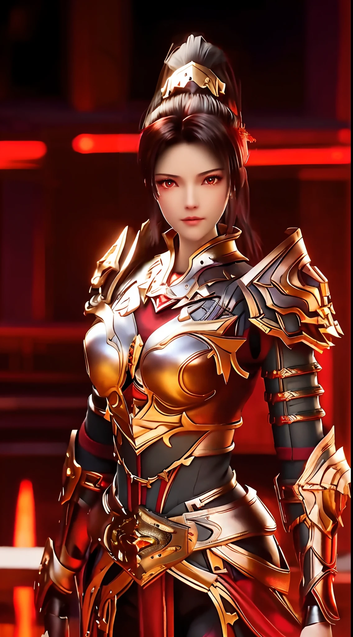 SYWZwangyuanyuan,1girl, armor,cityscape, night, looking at viewer, mature female, red eyes,high ponytail, hair ornament, red shirt,cowboy shot, pauldrons,ultra-detailed, masterpiece, highest quality,