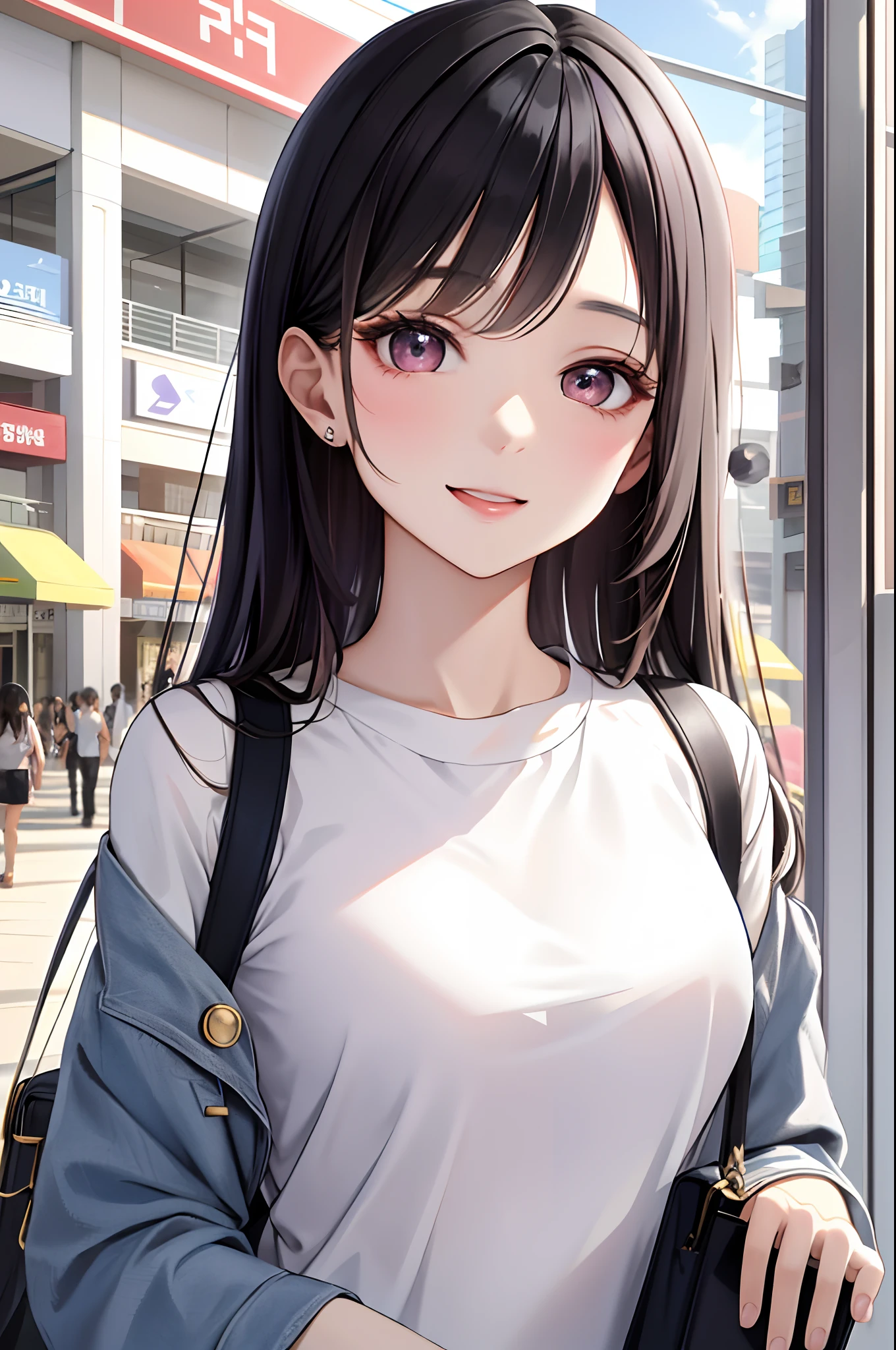 Absurdres, Masterpiece, Best quality, light colors, pastel colors, korean girl with Beautiful face , a character from kdrama hair with bangs, doll eyes, happy face, casual clothes, city mall background, detailed background
