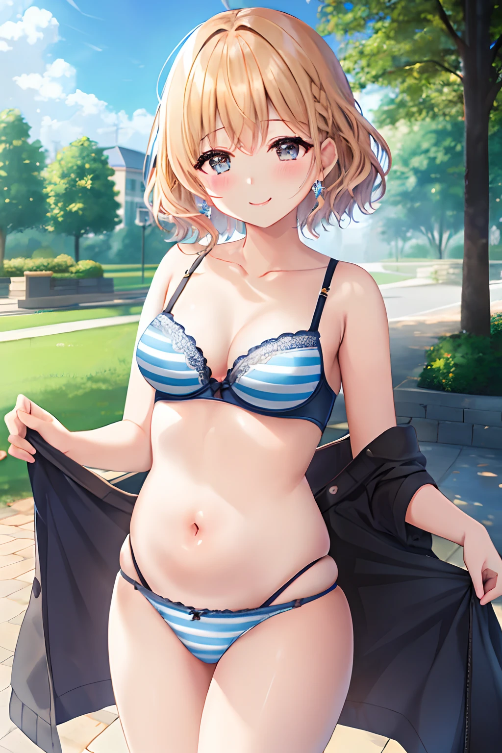 masterpiece、top-quality、Ultra Detail、beautiful lighting、25-years old、femele、Striped panties、blonde hair、(Striped bra:1.2)、is standing、on the park、beautful view、little blush、A smile、(cute smile face:1、1)、(shiny lip:1.1)、(beautidful eyes:1.1)、amazing background、Hair with mouth closed、D on the back of the arm_Back、short-hair、Plump body