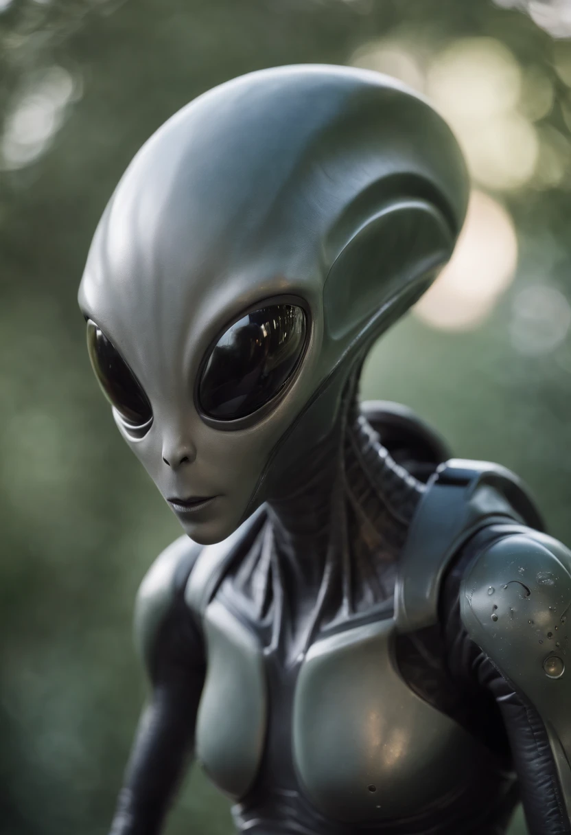 Beautiful female alien, Realistic style, biology, Science Fiction, dark, smooth texture, shiny exoskeleton, biology力學設計, elongated head, elongated chin, Sharp Teeth, piercing black eyes, slim body, biology力學尾巴, Translucent film, Spooky atmosphere, Lush Alien Landscape, Vibrant flora, mysterious rock formations, Mood lighting, Fall, ethereal mist, distant alien sky, Fascinating celestial body