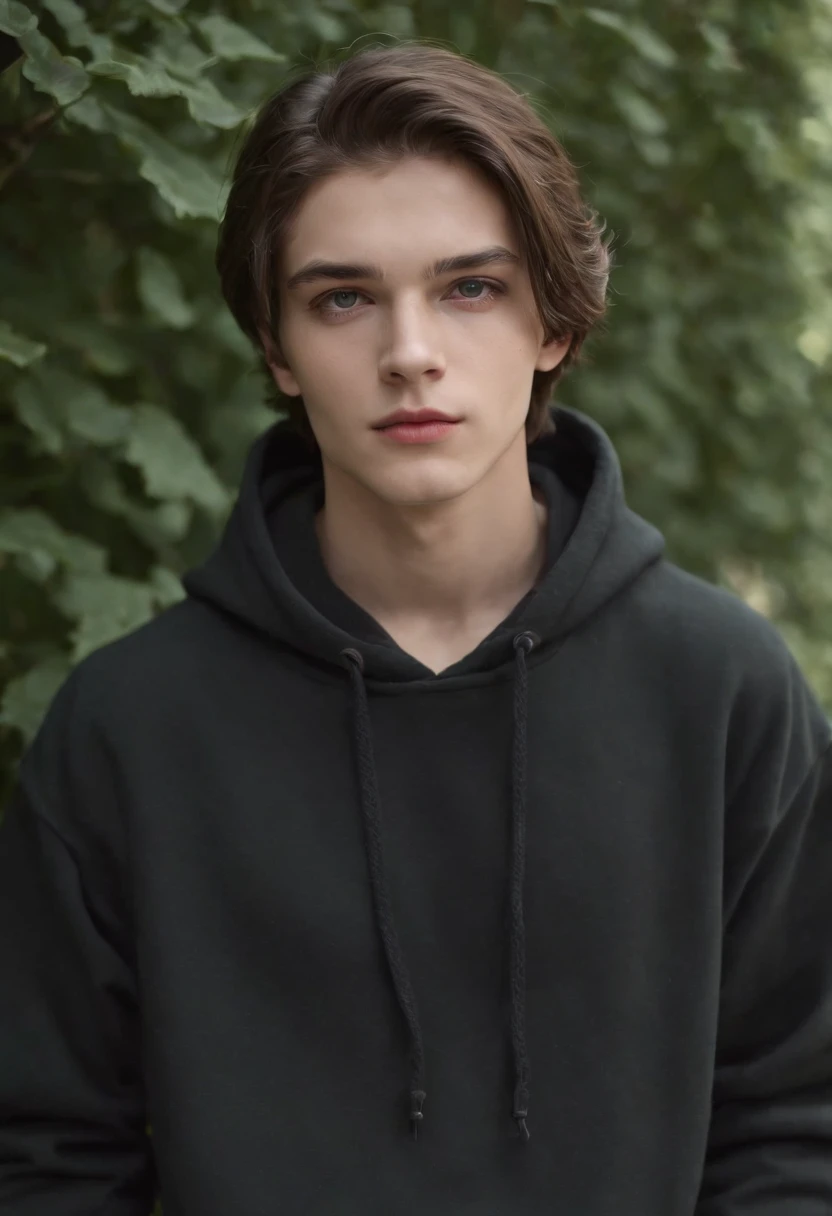 Fair complexion, A man of about 19 years old, brunette color hair, Unique green eyes,Wear a hooded sweatshirt,Black sweatshirt,black long pants,Black lace-up boots,Seductive feet