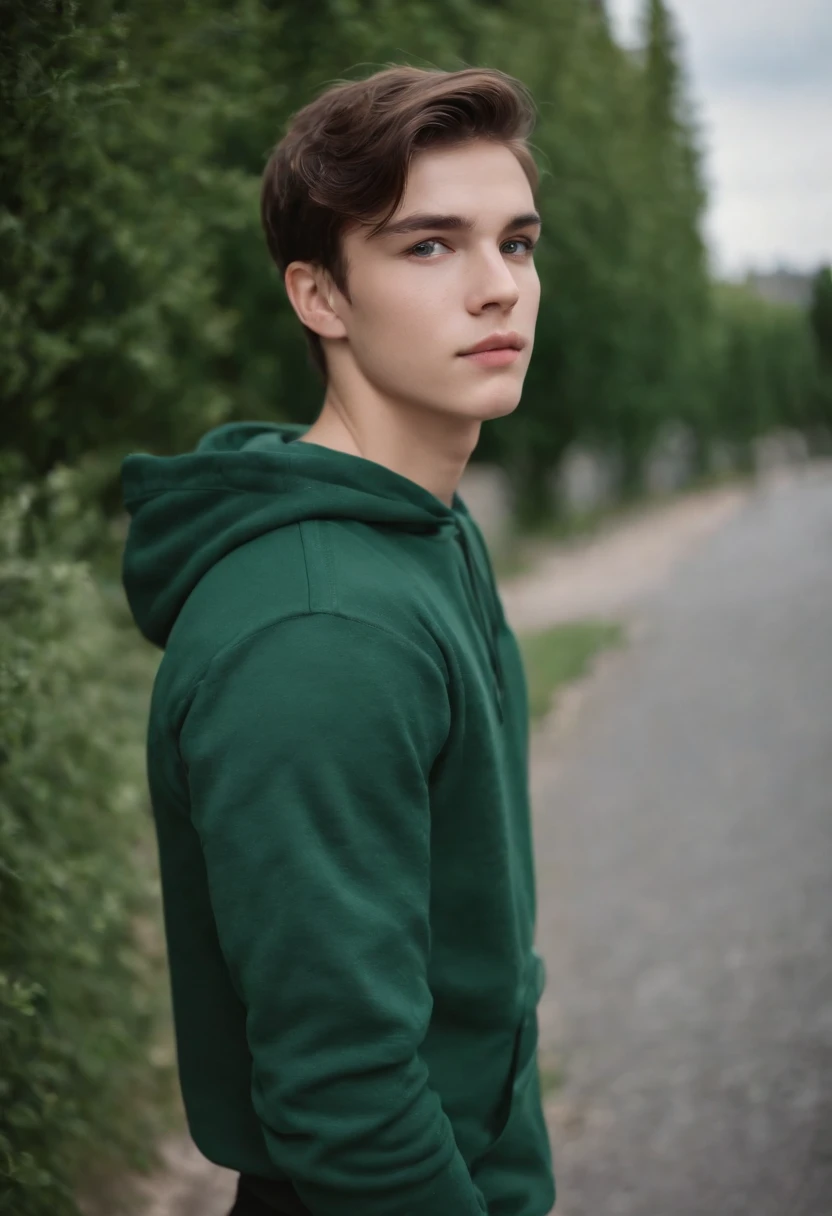 Fair complexion, A man of about 19 years old, brunette color hair, Unique green eyes,Wear a hooded sweatshirt,Black sweatshirt,black long pants,Black lace-up boots,Seductive feet