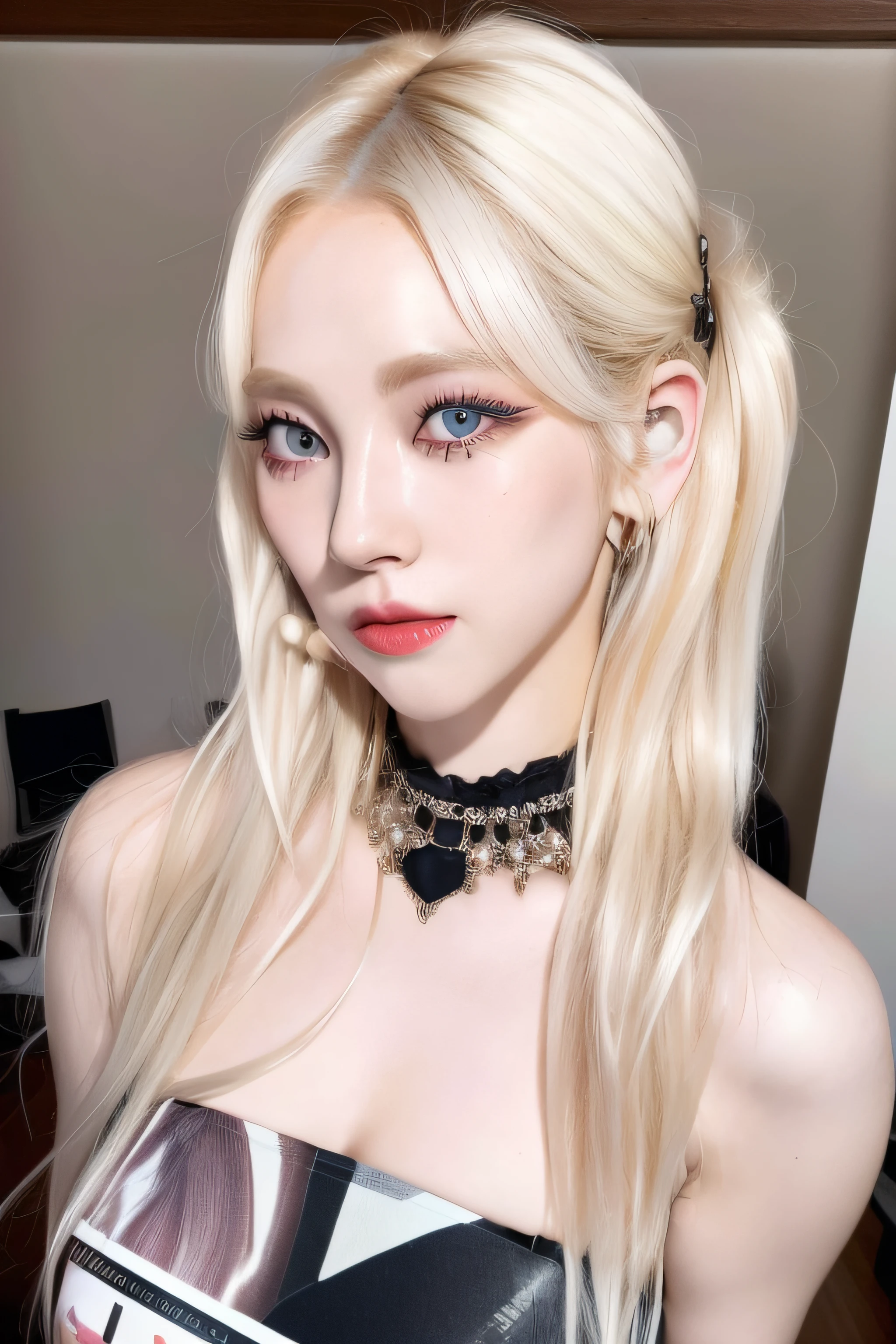 (8k, 4k, best quality, highres, ultra high res:1.1), (masterpiece, realistic, photo-realistic:1.1), 1girl, face, close-up, twintails, blonde hair, black eyes, red lips, (looking at viewer:2), absurdly long hair, long eyelashes, eyeshadow, small face, big eyes,
bare shoulders,
high contrast,