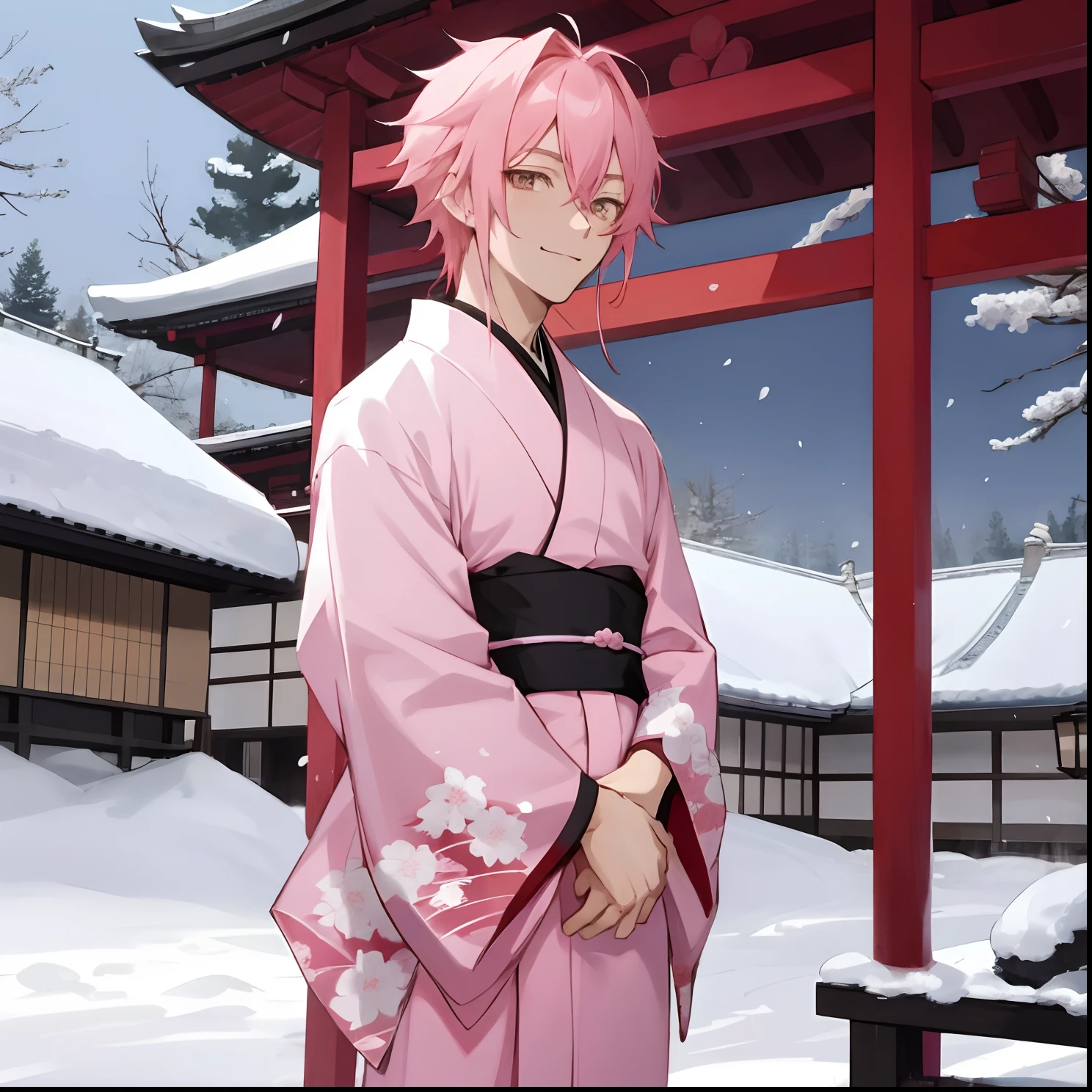 anime character in pink kimono standing in front of a red structure, haruno sakura, koyoharu gotouge, inspired by Munakata Shikō, handsome guy in demon slayer art, best anime 4k konachan wallpaper, hajime yatate, sakura haruno, demon slayer rui fanart, as an anime character, male anime character, a gentle smile