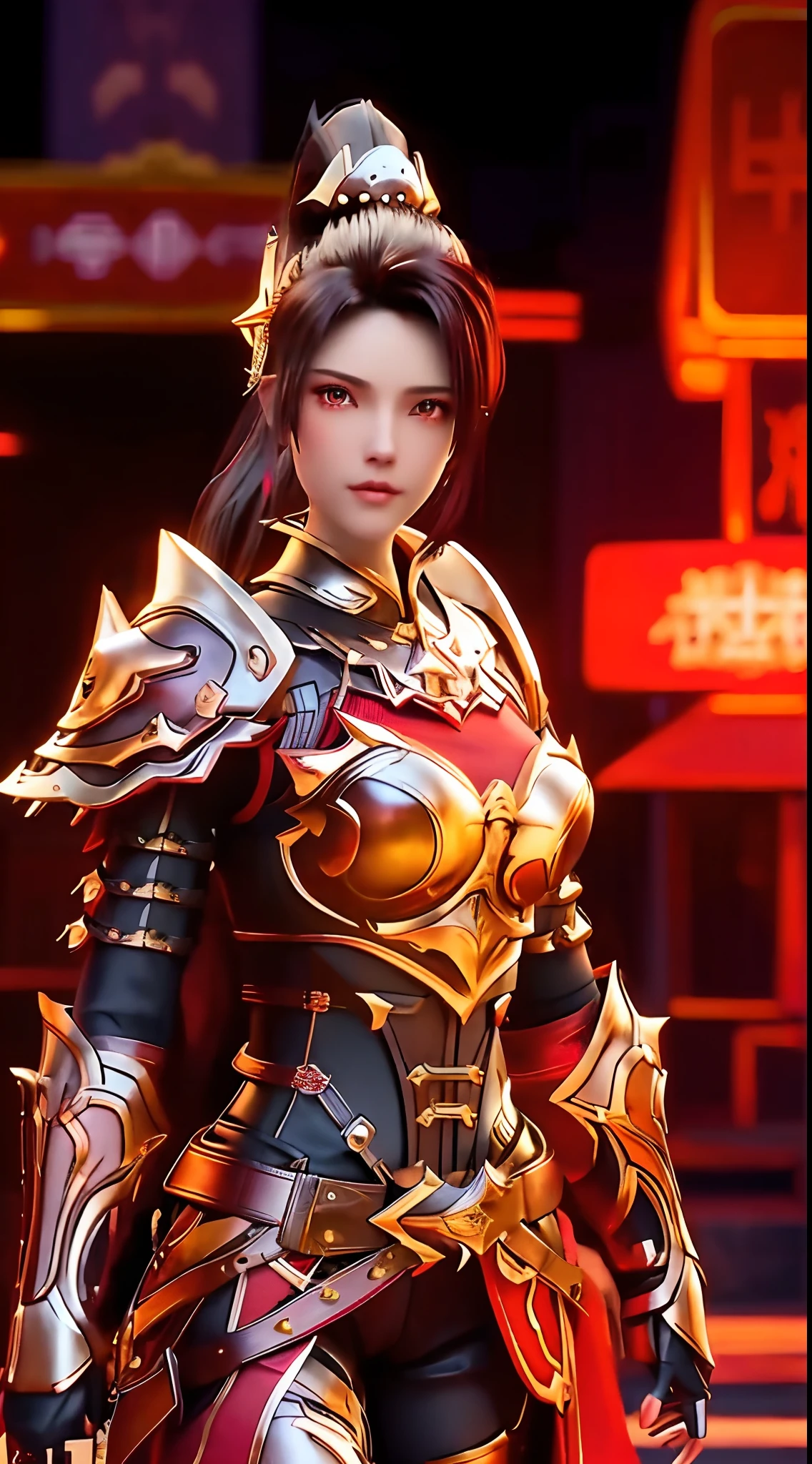 SYWZwangyuanyuan,1girl, armor,cityscape, night, looking at viewer, mature female, red eyes,high ponytail, hair ornament, red shirt,cowboy shot, pauldrons,ultra-detailed, masterpiece, highest quality,