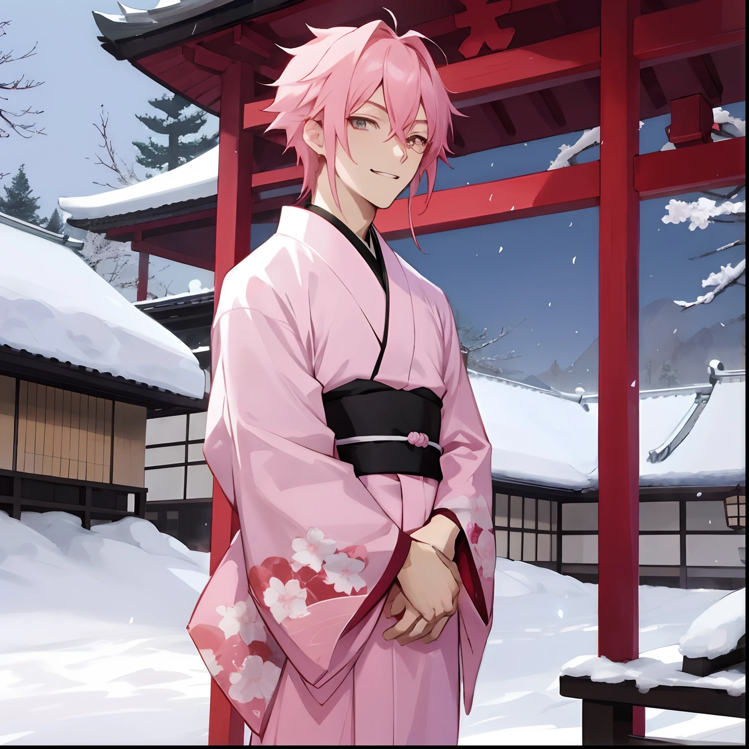anime character in pink kimono standing in front of a red structure, haruno sakura, koyoharu gotouge, inspired by Munakata Shikō, handsome guy in demon slayer art, best anime 4k konachan wallpaper, hajime yatate, sakura haruno, demon slayer rui fanart, as an anime character, male anime character, a gentle smile