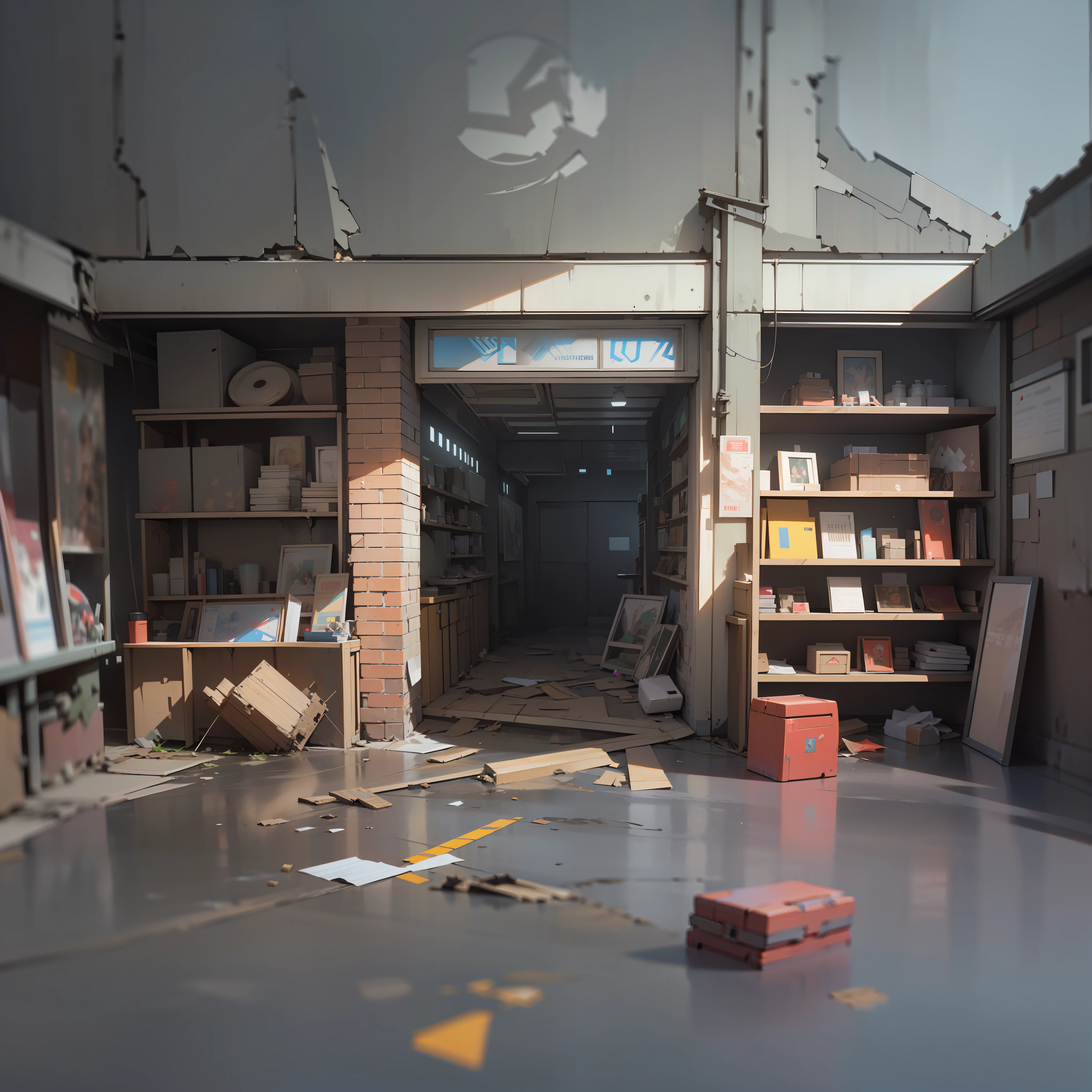 3D Model HD Rendering, Architectural Rendering, Right Angle Isometric View, 45 Degree Angle, (Gray Background), High Detail, Cinematic, Global Illumination, Realistic Lighting, Unreal Engine Rendering, Substance 3D, Octane Rendering, (HDR:1.3), (Cluttered Dilapidated Street Shops, All Over the Floor), Crash, Combat Damage Style, Overgrown