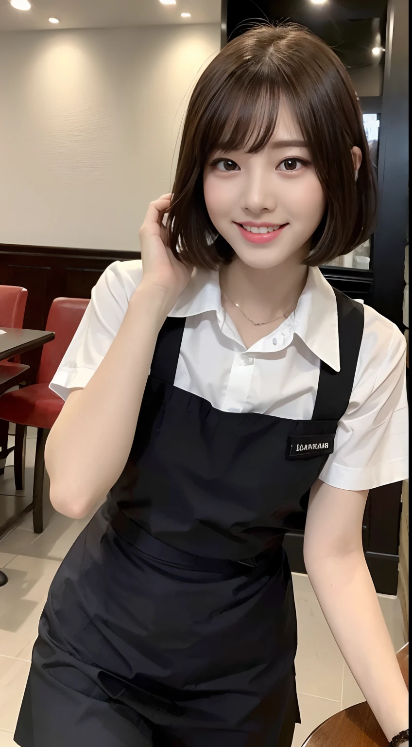 (highest quality,masterpiece:1.3,Ultra-high resolution,),(Very detailed,Caustics),(Photorealistic:1.4,RAW shooting,)Ultra-Realistic Capture,Very detailed,High resolution 16K human skin closeup。 Natural skin texture、,Pores、、、、It must be detailed enough to be easily identifiable。 Skin tone is even and healthy looking。 Use natural light and color,restaurant,Waitress Uniform,1 girl,Japanese,18-year-old,cute,Black-haired,ponytail,Big Breasts,smile,Turn your body forward,(Front view:1.1),Looking at the camera,Cowboy Shot,