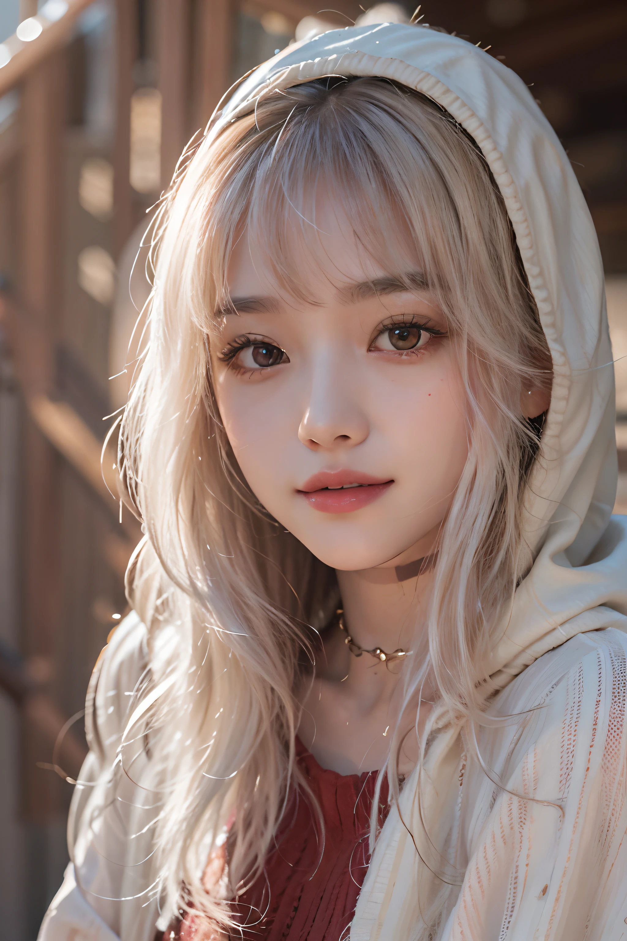 ((upper Shot))、(Photoreal Stick:1.2)、8K UHD、hight resolution、(2 girls)、in her 20s、(looking at view)、(white hair), (Medium Hair)、(Pattsun bangs)、((The best smile))、(High quality shadows)、Detail Beautiful delicate face、Detail Beautiful delicate eyes、Pretty Kpop Girl、(Korean Urzan Face)、(ulzzang -6500-v1.1:0.6)、pureerosface_v1、gloweyes、perfectbody、 Incredible dynamic range photography(UTIL_Art by Smoose-768:1.1),(wetting hair)、(wetted skin)、 teak、Bright red lipstick、Glossy lips、(a choker)、((Brown eyes))、((Beautiful Finger))、 Shiny hair、Description beautiful delicate hair、(Lustrous skin)、(Knitted dress with hood)、Rotch deep in the mountains、Sitting on the bed、