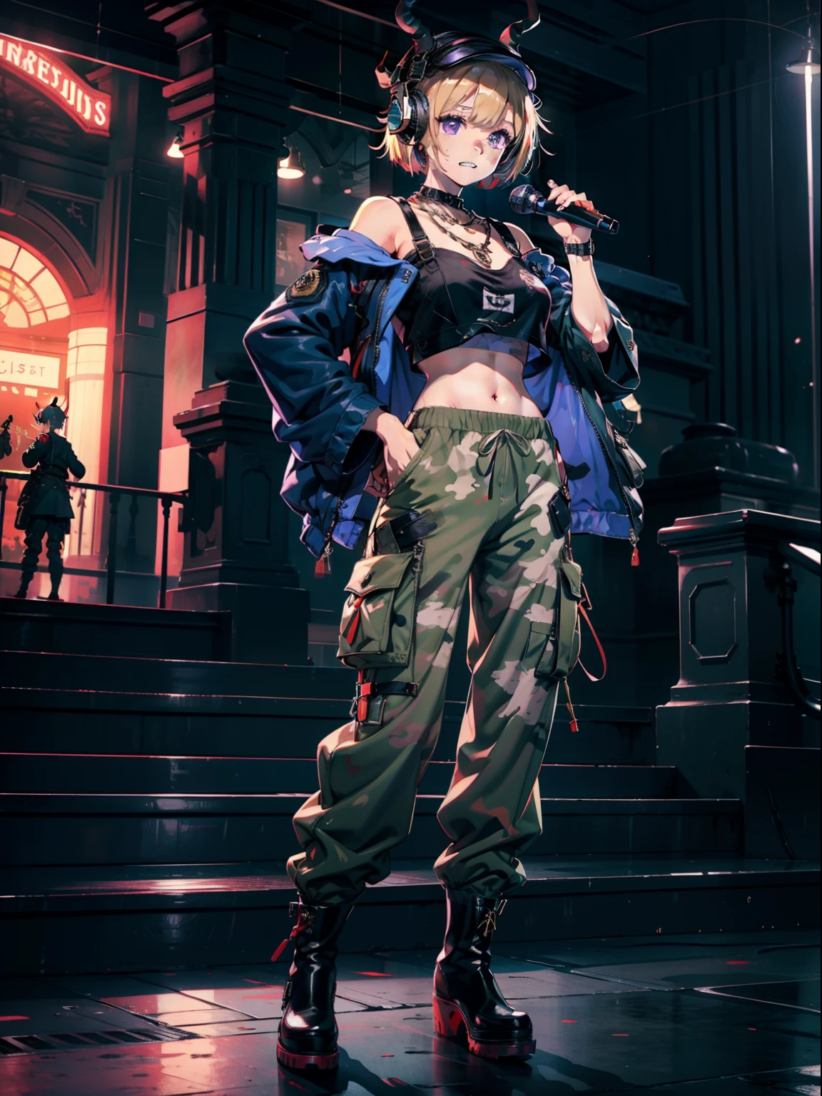 Woman in purple costume holding microphone、It has horns like sheep、Wearing a necklace、Wearing headphones in your ears、hard rock、Wearing a camisole、Black belt camouflage pattern pants、Little devil composition、short-cut、With sleeves、Shoulder out、Wear long boots that show the navel、Paleo wearing、singers、Double teeth are visible、Wide pants、Glamorous、Muchimuchi、hiquality、livestream、Baggy pants, in military uniform, Large pants, army, Wear cargo pants, Wearing camouflage, High-waisted sweatpants