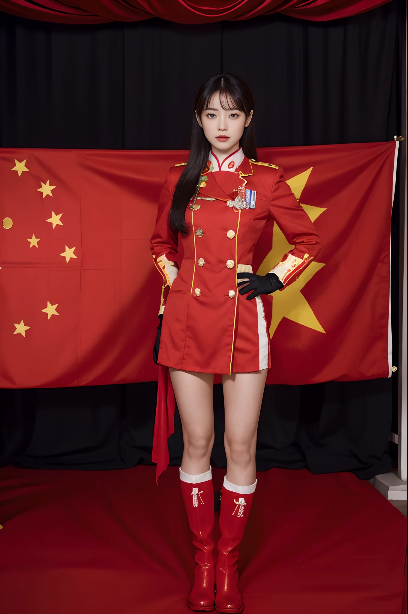 Wearing a uniform with the Chinese five-star flag，The five-star flag logo is printed on the chest，Drape over a cloak+National flag，Wear red gloves on both hands+Put a pair of red boots on your feet，The whole body exudes the superpowers of a five-star red flag girl Standing and displaying a full-body photo