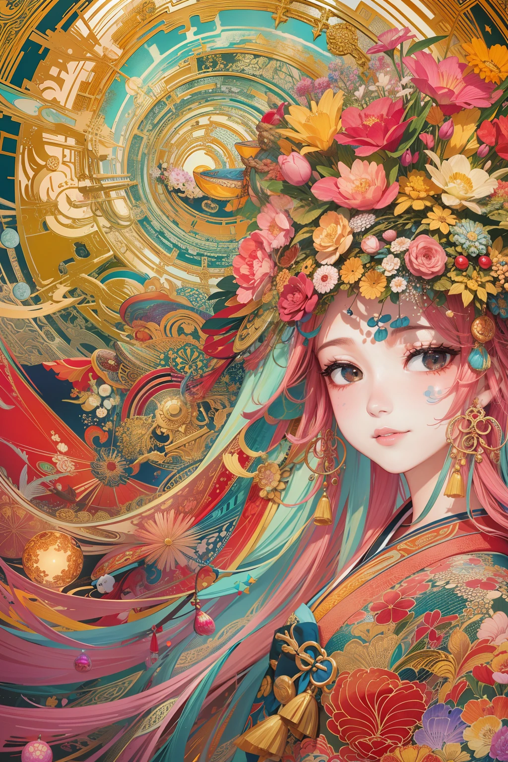 (masterpiece、top-quality、top-quality、Official Art、Beautifully Aesthetic:1.2)、(1girl in)、ighly detailed、(Fractal Art:1.3)、colourfull、highestdetailed、Official art、unity 8k wall paper、ultra-detailliert、Beautifully Aesthetic、masterpiece、top-quality、(Zentangle、a Mandala、Tangles、Tangles)、(Fractal Art:1.3)、One girl、ighly detailed、Dynamic angles、Cowboy Shots、The most beautiful forms chaos、elegent、Brutalist design、Vibrant colors、romantism、James Jean、roby dwi antono、by Ross Tran、Francis Bacon、Michal Muratz、Adrian Guyney、petra cortright、Gerhard Richter、Takato Yamamoto、Ashley Wood、Atmosphere、ecstasy musical notes、Streaming music notes are visible、Upper body only、Red kimono、ornate、A smile、Soothing、-face