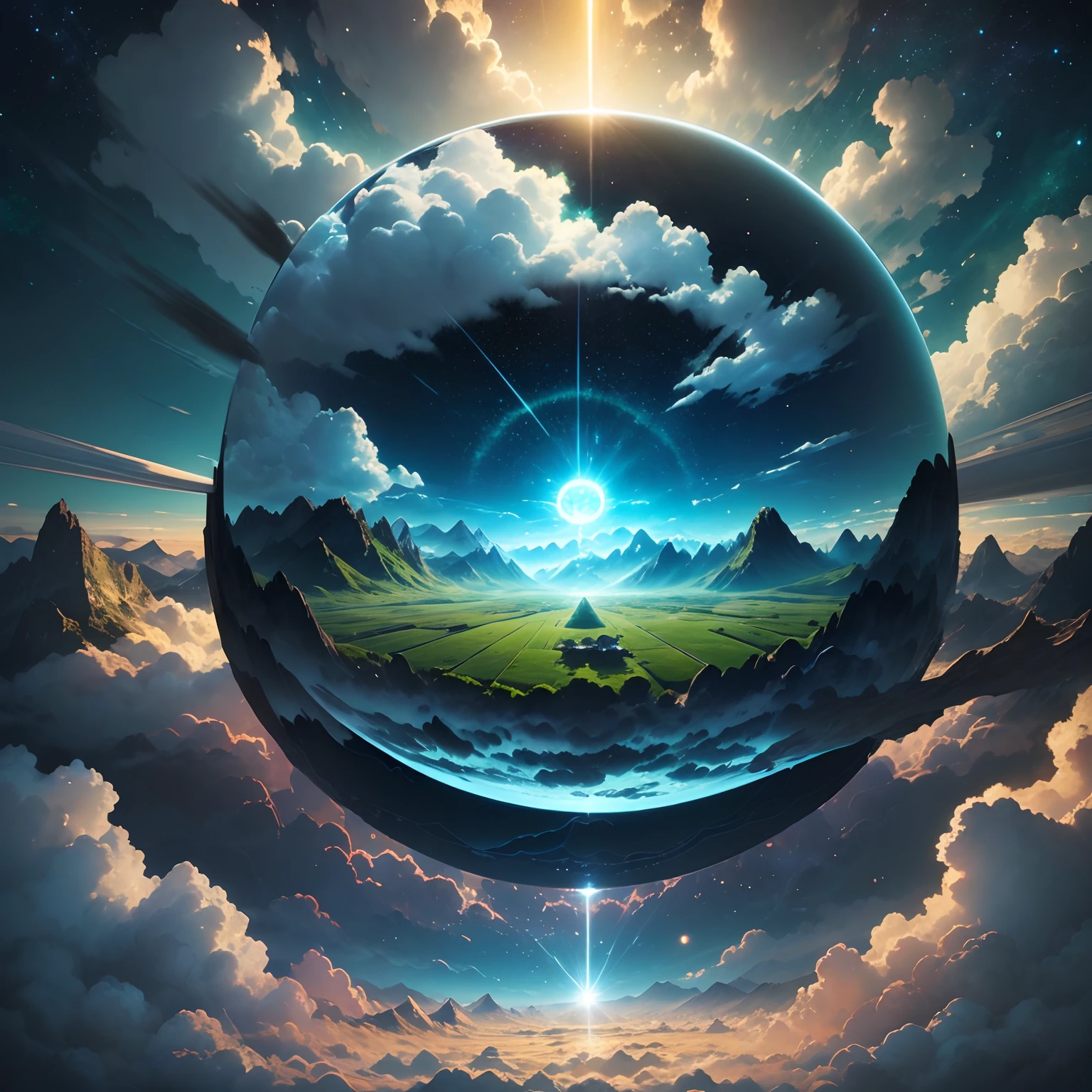 A giant mirror sphere floating in space, flickering lights, sad hamster lost (heaven like green fields surrounded by high mountains and clouds:1.3), particles in the air, god rays, stars in the background, intricate fractals, detailed, (illustration), masterpiece, high resolution, best quality.