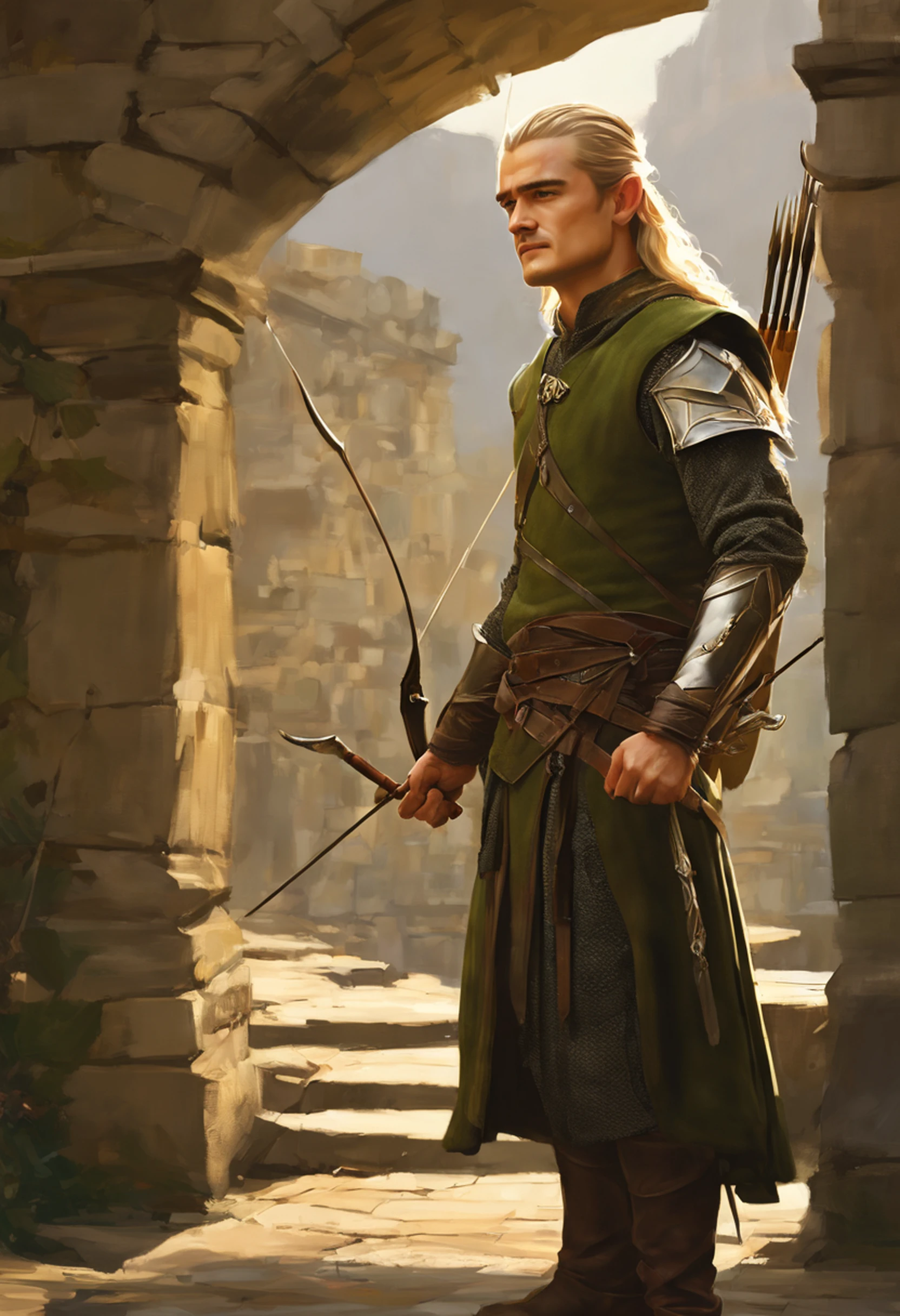 ((Orlando Bloom .... Legolas)), estilo modelshoot, Parece Keira Knightley, (extremamente detalhado CG unidade 8k papel de parede), foto corporal completa da obra de arte mais bonita do mundo, Bruxa medieval inglesa, Vale Verde, pearl skin,coroa de ouro, ouros, Plano de fundo detalhado com arquitetura medieval, professional majestic oil painting by Ed Blinkey, Atey Ghailan, ghibli studio, Directed by: Jeremy Mann, Greg Manxadinho, Antonio Moro, trending on ArtStation, trending in cgsociety, intrincado, High detail, foco nítido, Dramatic, Arte de pintura fotorrealista de Midjourney e Greg Rutkowski