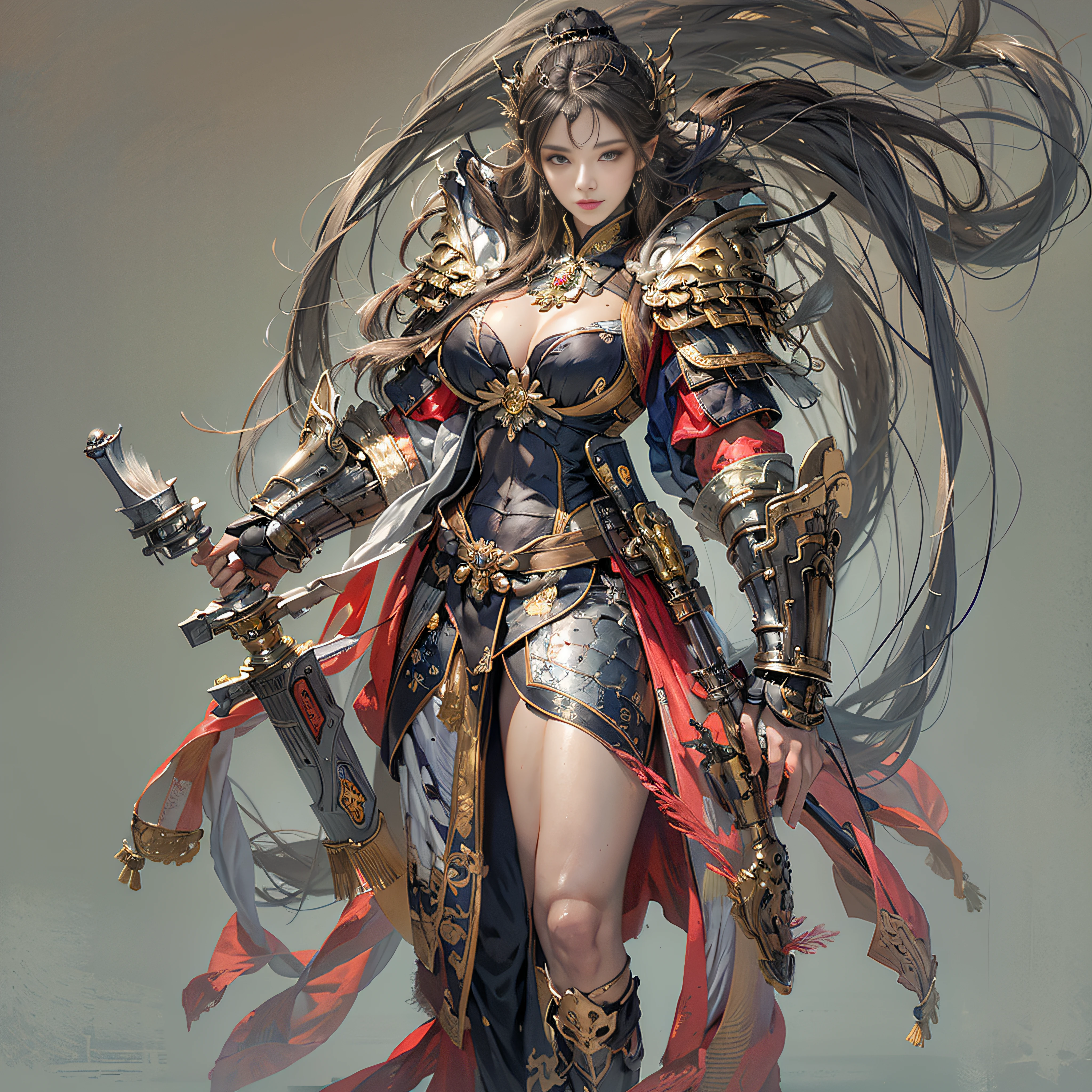 photorealistic portrait, high-res, Soft light,1woman, bara, full entire body, Slender Figure, Hip up, gleaming skin, Overflowing big breasts, (detailed face), chinese armor