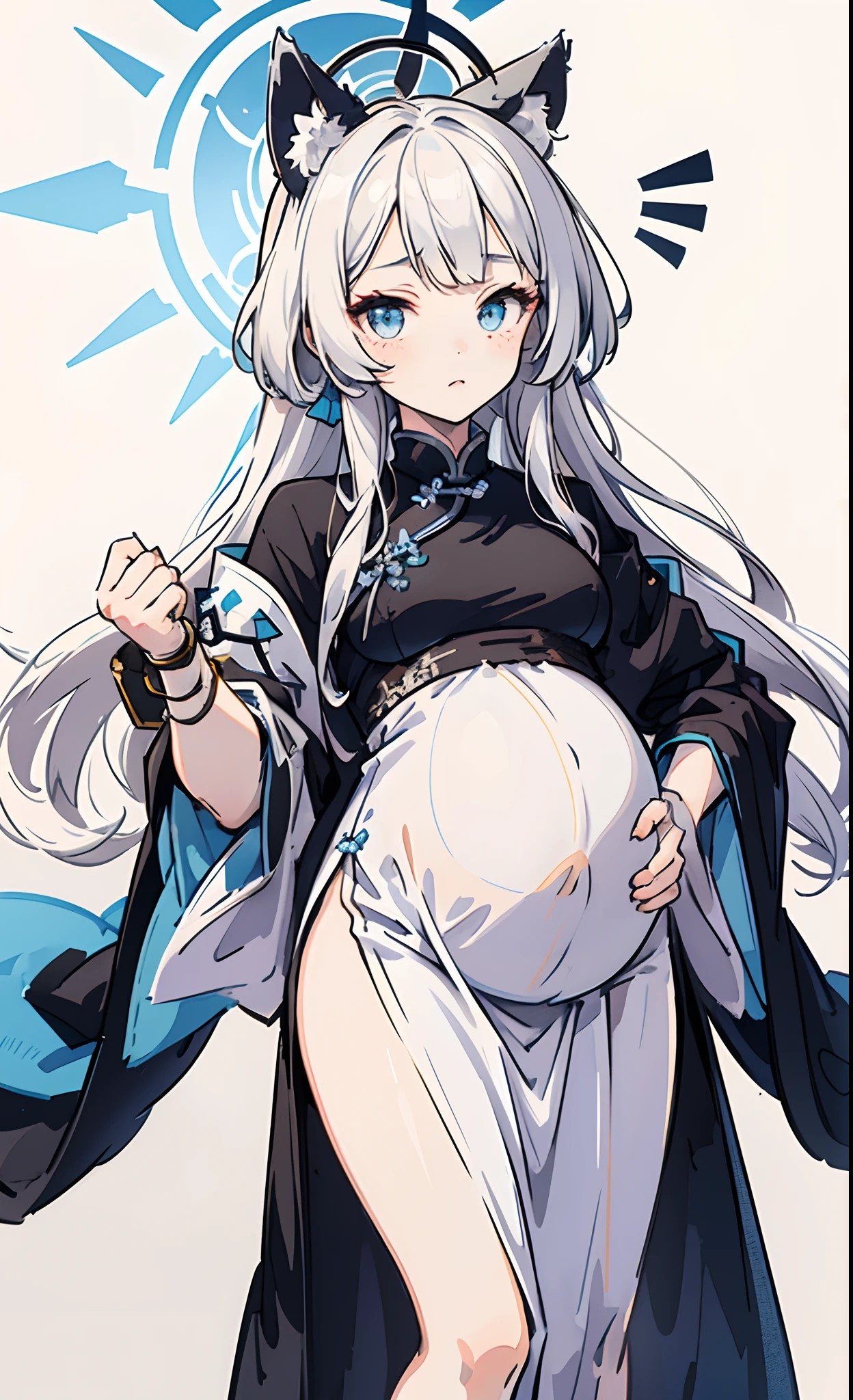 Sunohara Kokona,blue archive,pregnant,under age,loli,animal ear,halo,white hair,china dress,