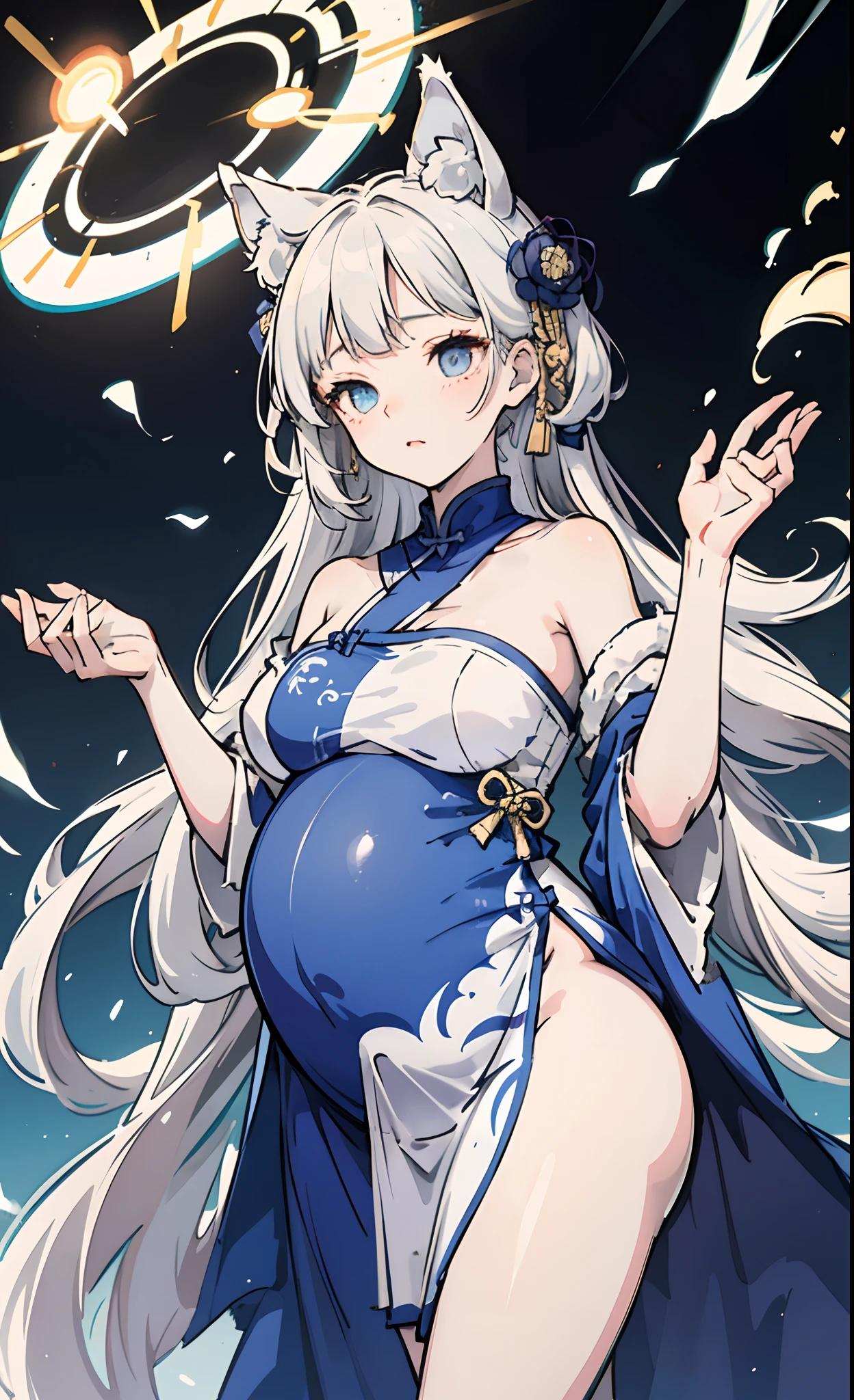Sunohara Kokona,blue archive,pregnant,under age,,animal ear,halo,white hair,china dress,