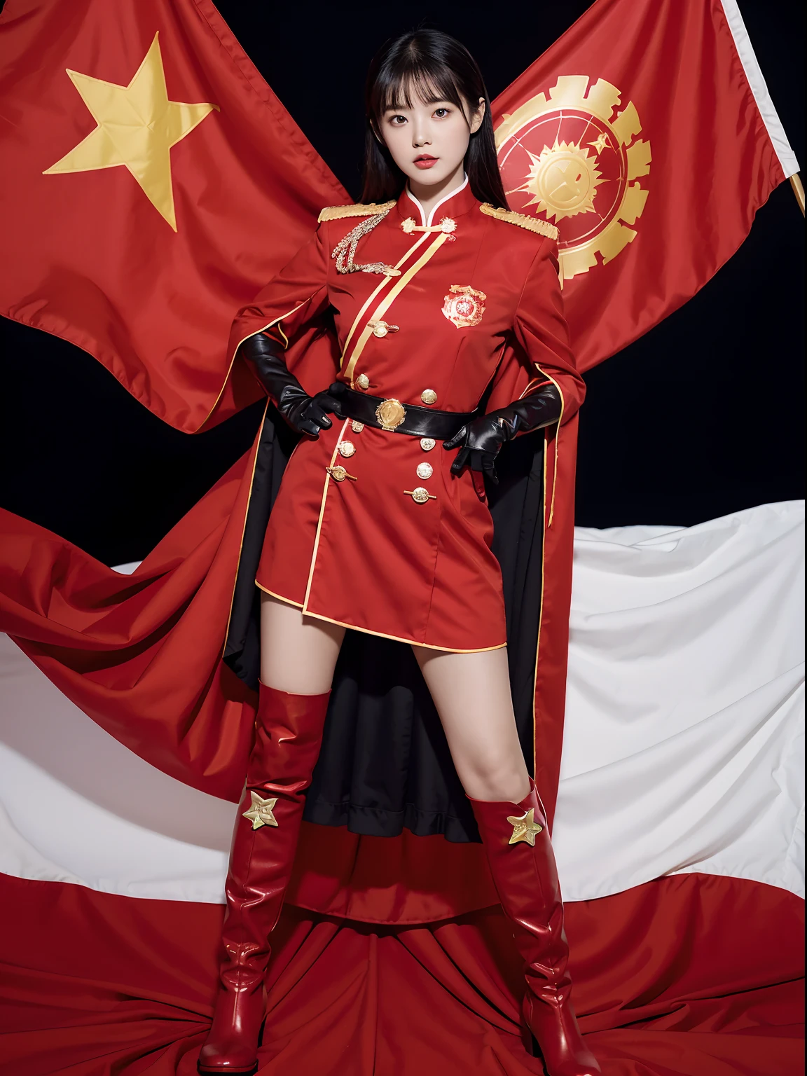 CG superhero five-star red flag girl wearing Chinese five-star flag logo uniform，Carrying a cloak ，Wear red gloves on both hands+ Wear a pair of red boots on both feet，The whole body exudes a five-star red flag girl standing to show the full body photo CG super power special effect