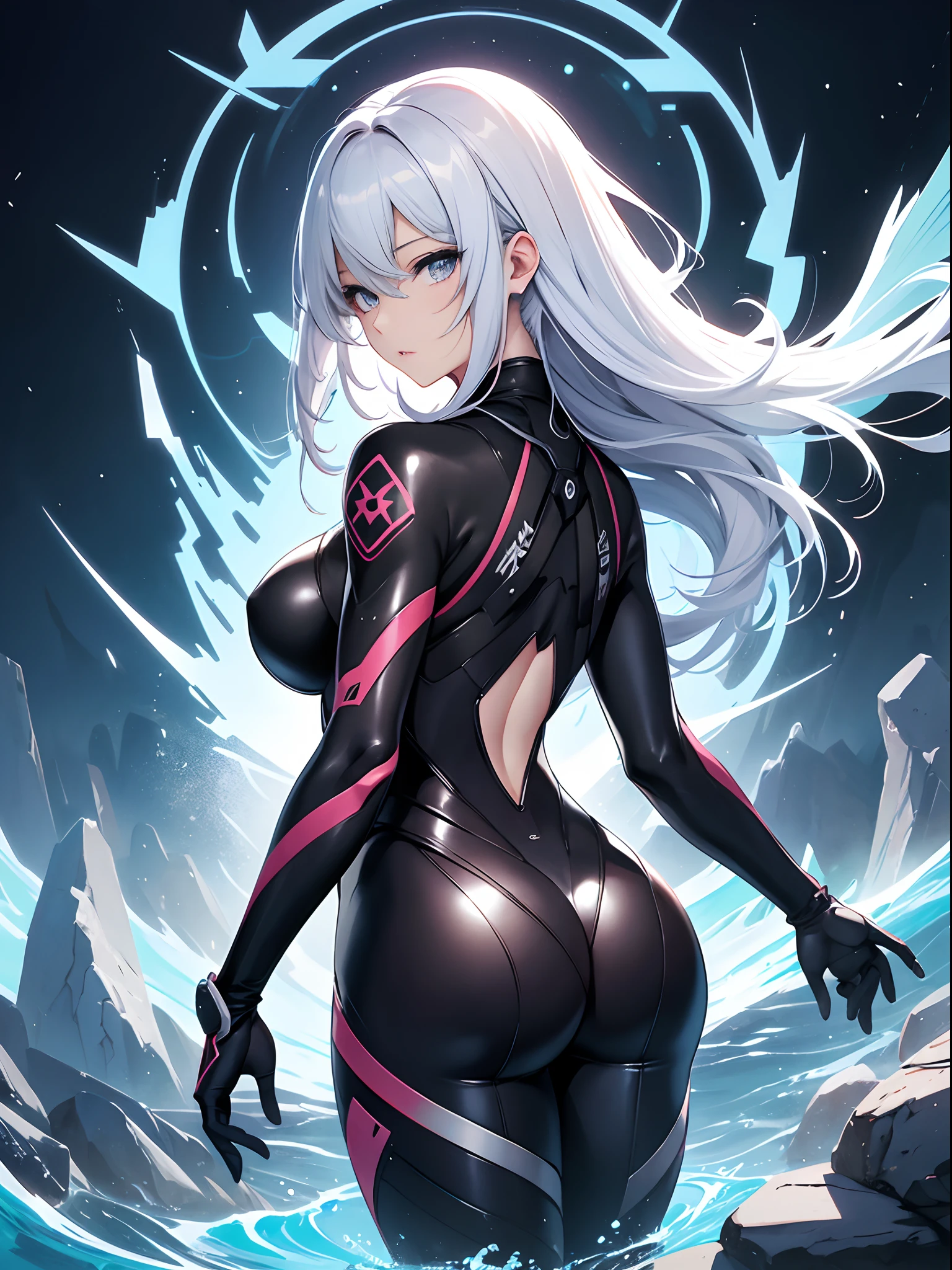 Shiro Masamune's style、Draw only one woman、in 8K, hiquality, hight resolution, ultra-detailliert, high-level image quality, hightquality、digitial illustration, Highly detailed, beautiful anime watercolors, Enamel Art、Precise human body structure、beautidful eyes, Draw detailed eyes、posterior view、Arched back、Big ass、Black rubber suit、Pose with buttocks sticking out、T back