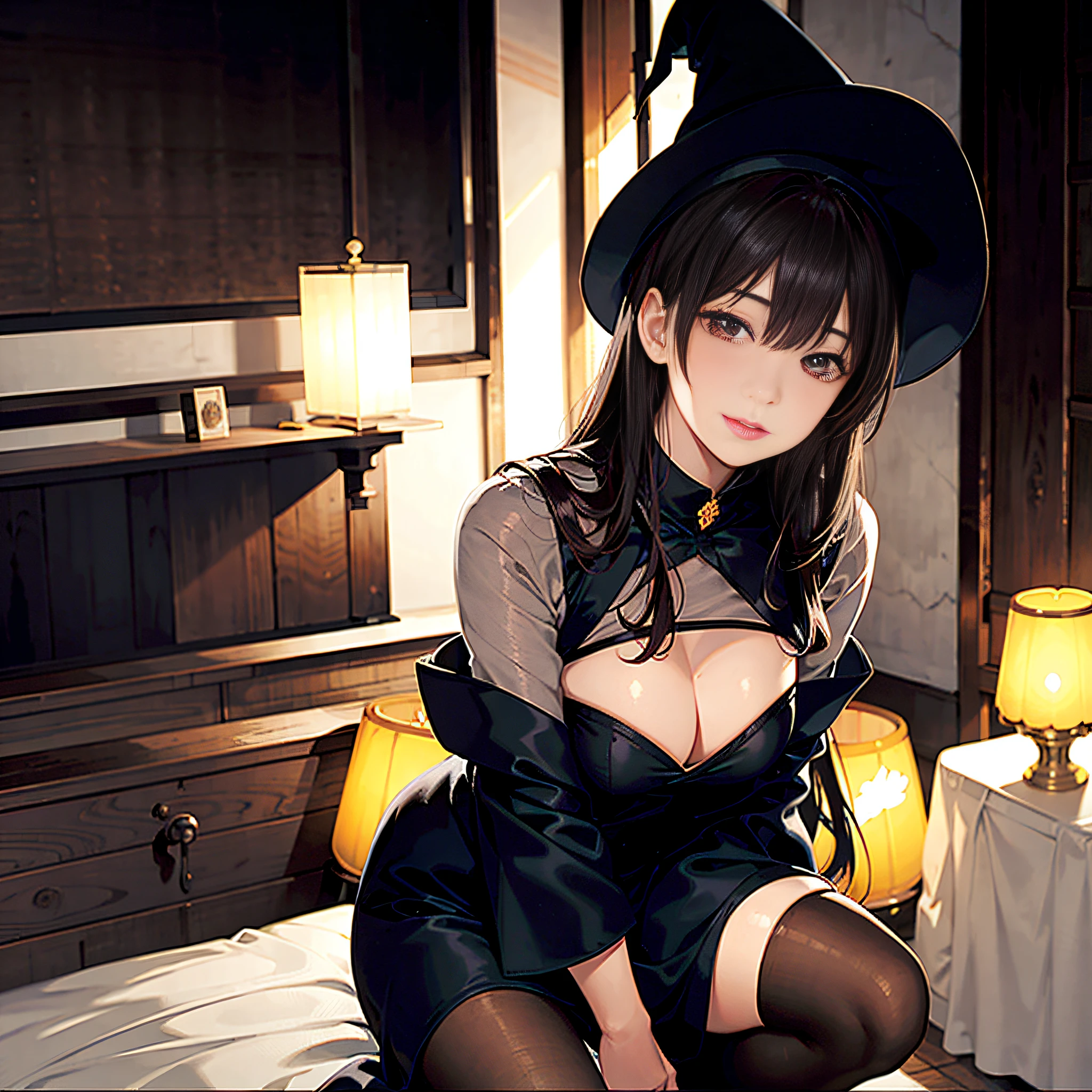 Masterpiece, Best Quality, 8k, Halloween Witch, Spooky Witch, Pointy Hat, Japanese, Stylish, Black Stockings, Black Underwear, Looking Away, Large Breasts, Holding Pumpkin Lamp, Autumn, Lamp Light, Midnight, Jack O Lantern, Hotel Room, Warm Lighting, Natural Eyes, Beautiful Asian Woman