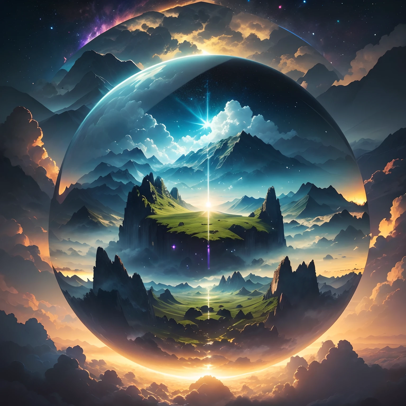 A giant mirror sphere floating in space, flickering lights, sad hamster lost (heaven like green fields surrounded by high mountains and clouds:1.3), particles in the air, god rays, stars in the background, intricate fractals, detailed, (illustration), masterpiece, high resolution, best quality.