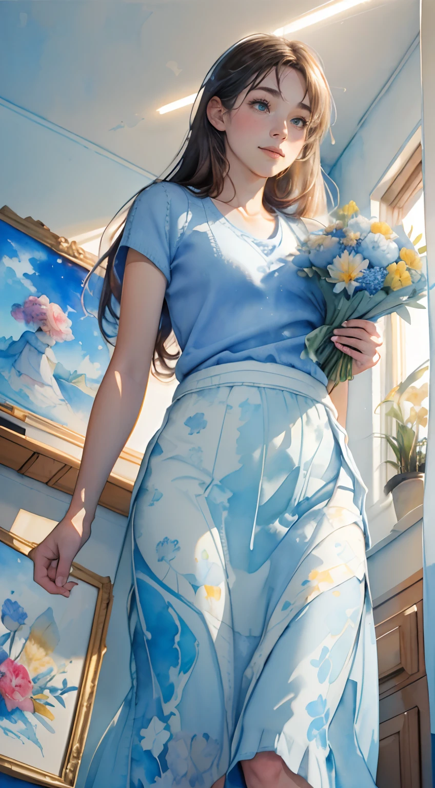 8K,masterpiece,top-quality, (From below:1.6) ,Dynamic Pose,30 years old 1 girl, Holding a large bouquet,Portrait, Floral, watercolor sketch, light, Long hair, ssmile, watercolor paiting \(Medium\),watercolor paiting,Plain tank top,(Plain short sleeve light blue sweater:1.3),(Plain white long skirt:1.3)