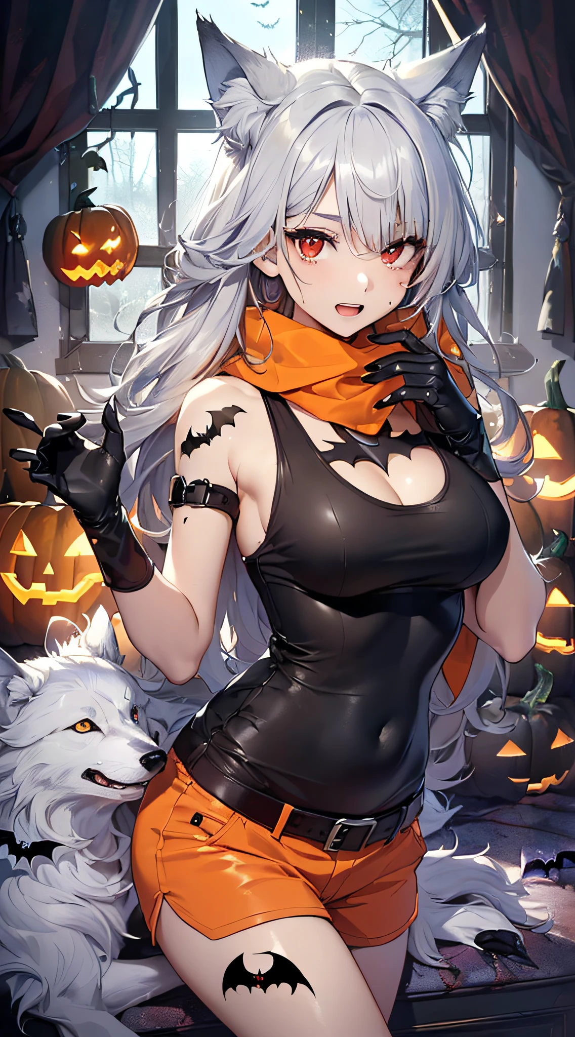 top-quality、Top image quality、​masterpiece、teens girl((18year old,Black and orange tank top,Orange and black shorts、orange scarf,Best Bust、Bust 85、Silver hair、Longhaire,Red Eyes、open chest wide、Valley、Happiness、A slender、Blood coating、Emphasis on the chest、Wolf tattoo、wolf ear、Wolf tail、excited expressions、Wolf gloves、nails are growing、Cute wolf,Slouched、claw pose、White fangs、Blood around the mouth)）hiquality、Beautiful Art、Background with((natta、dark sky、Halloween at night、the bats、pumpkins,Nightmare、Halloween、in woods))、masutepiece、Elaborate design、visualart、Theater Screen、