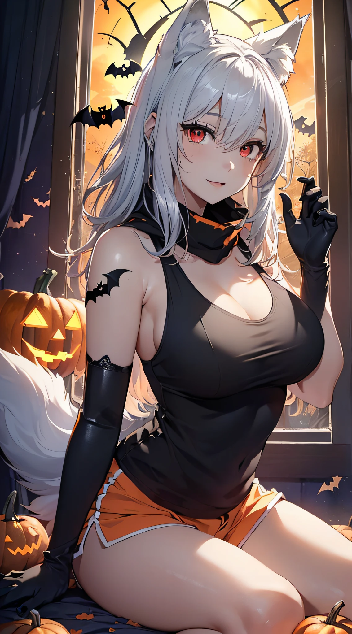 top-quality、Top image quality、masterpiece、teens girl((18year old,Black and orange tank top,Orange and black shorts、orange scarf,Best Bust、Bust 85、Silver hair、Longhaire,Red Eyes、open chest wide、Valley、Happiness、A slender、Blood coating、Leaning forward、Emphasis on the chest、Wolf tattoo、wolf ear、Wolf tail、excited expressions、Wolf gloves、nails are growing、Wolf Pose))hiquality、Beautiful Art、Background with((natta、window、dark sky、Halloween at night、the bats、pumpkins,Nightmare、Halloween、forest pathway))、masutepiece、Elaborate design、visualart、Theater Screen、