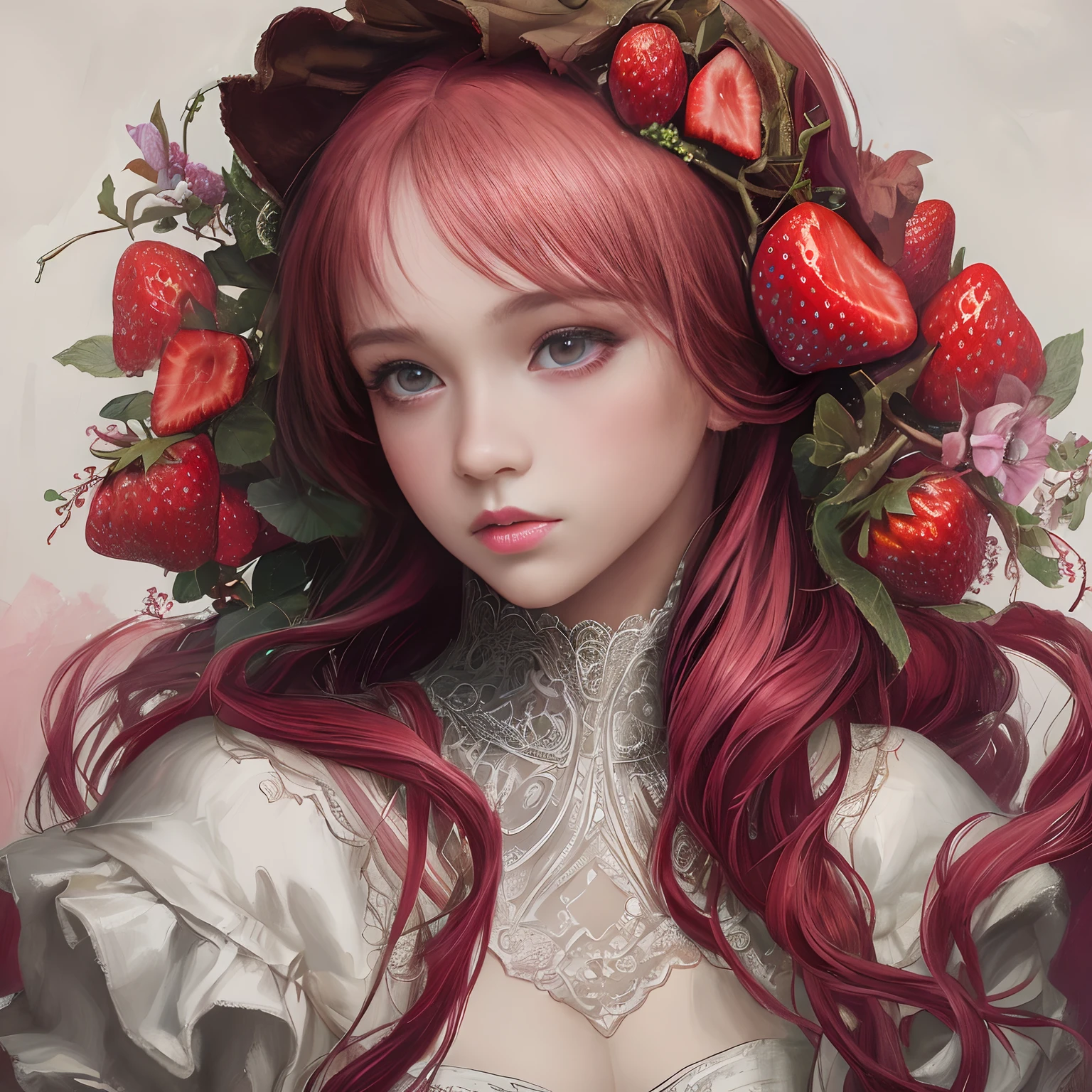 ( Absurd , High quality , ultra detailed, masterpiece, concept art, smooth, highly detailed artwork, hyper realistic painting ) Dreamy , Romantic , Vivid, girl , pink , strawberry, strawberry shortcake character, cute , whole body , colorful