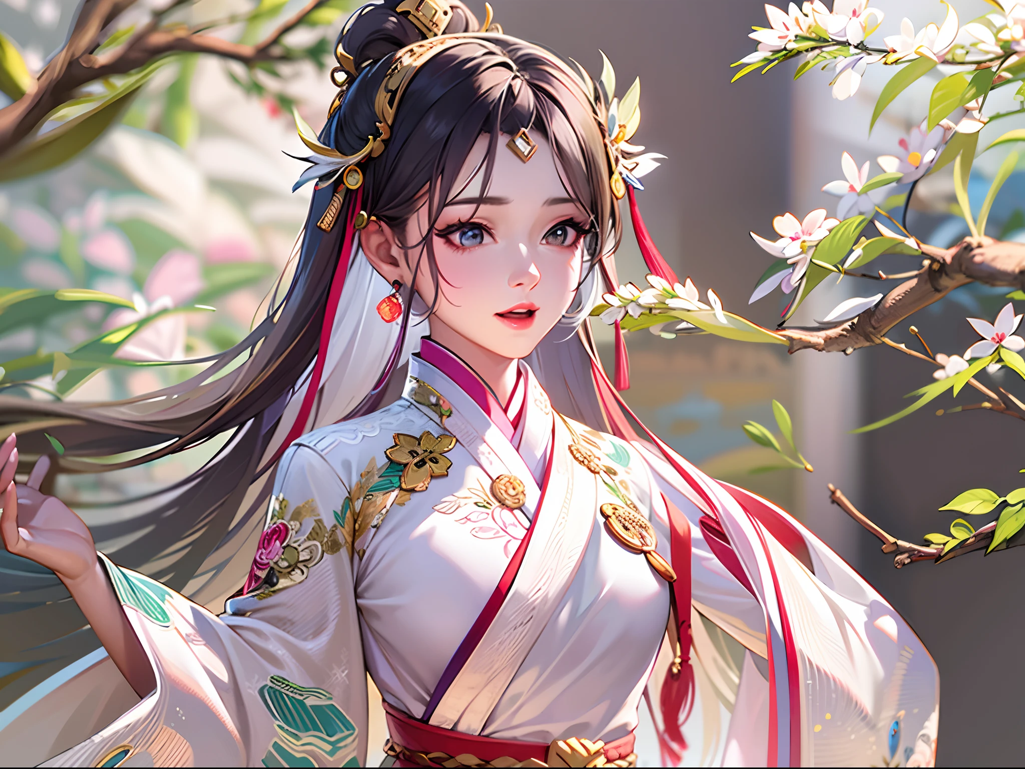 A girl, ancient Chinese costume, Whole body, Sunshine, Clear face, Clean white background, Masterpiece, Super detail, Epic composition, Ultra HD, High quality, Extremely detailed, offcial art, Uniform 8K wallpaper, Super detail, 32K