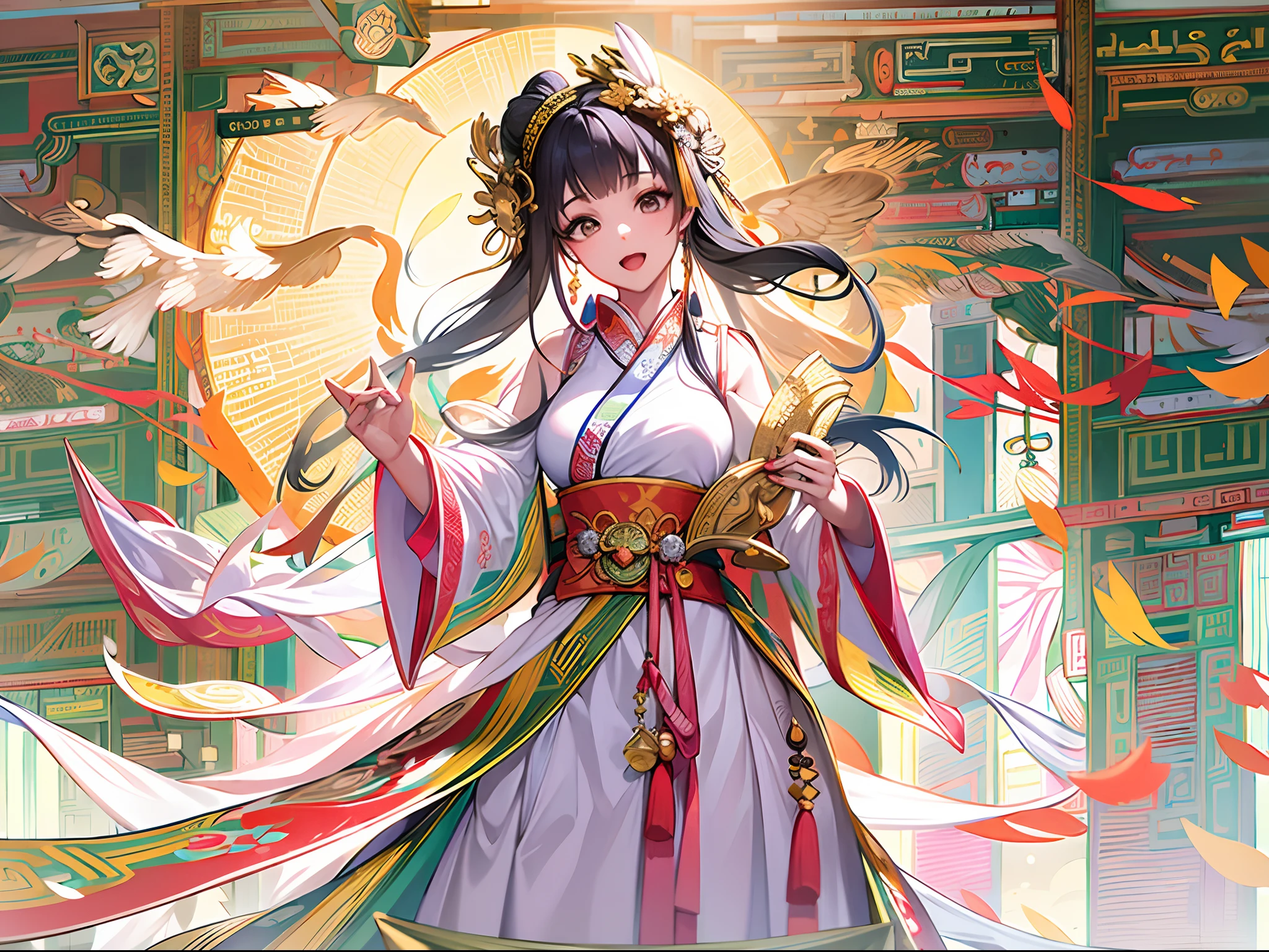 A girl, ancient Chinese costume, Whole body, Sunshine, Clear face, Clean white background, Masterpiece, Super detail, Epic composition, Ultra HD, High quality, Extremely detailed, offcial art, Uniform 8K wallpaper, Super detail, 32K