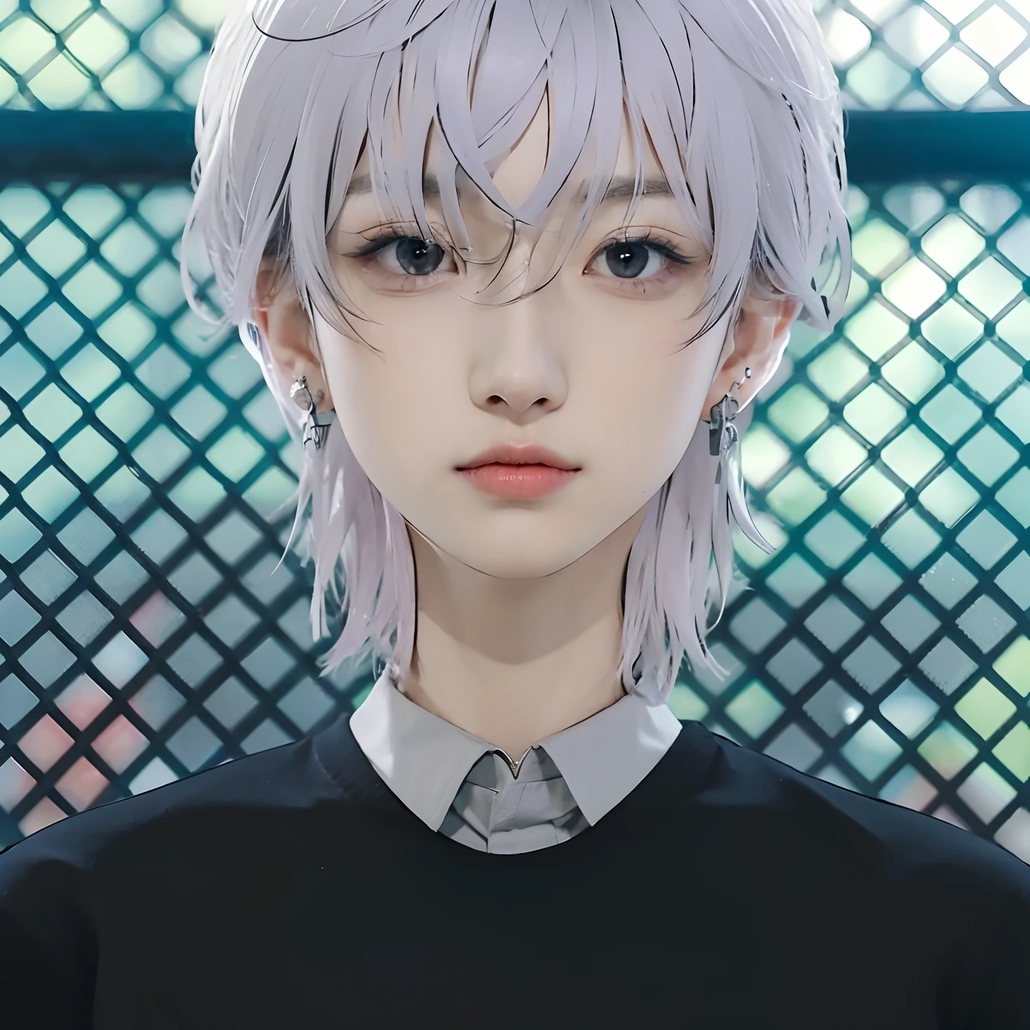 1man, mitsuya tokyo revenger, real life adaption of this character, Korean handsome face, earring, realistic outfit,detailed light grey eyes,realistic Messy gray hair,realistic background,hyper realistic,realism,realistic light, realistic shadow,(photorealistic:1.2), looking to viewer, close up face, close mouth, ultra quality, best quality,