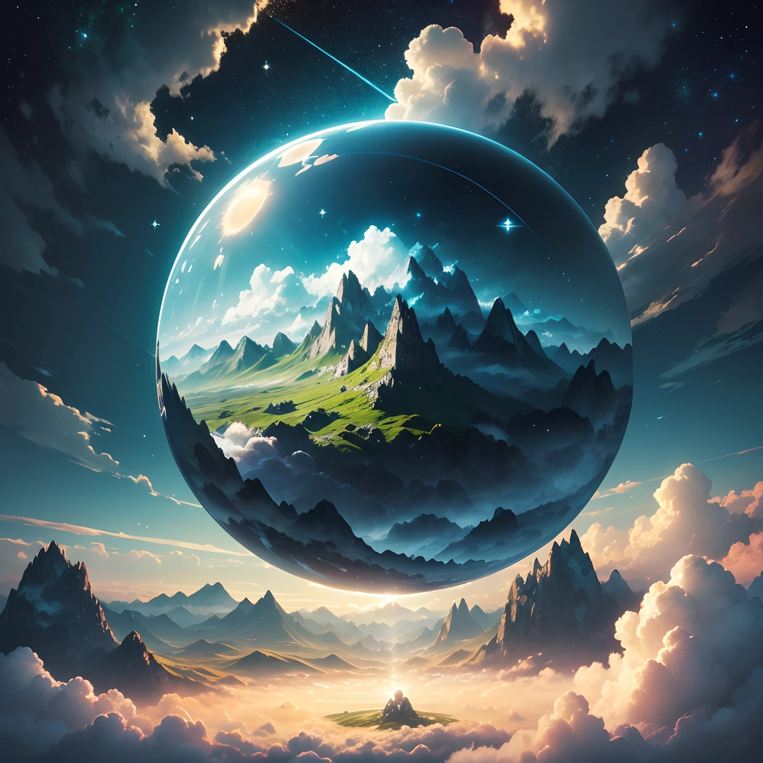 A giant mirror sphere floating in space, flickering lights, sad hamster lost (heaven like green fields surrounded by high mountains and clouds:1.3), particles in the air, god rays, stars in the background, intricate fractals, detailed, (illustration), masterpiece, high resolution, best quality.