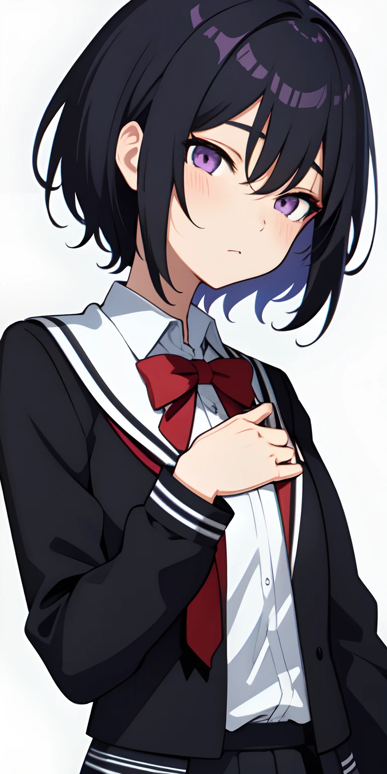An anime girl, short black hair, purple eyes, Curved hairstyle, school uniform, Evening, high-school, neutral facial expressions