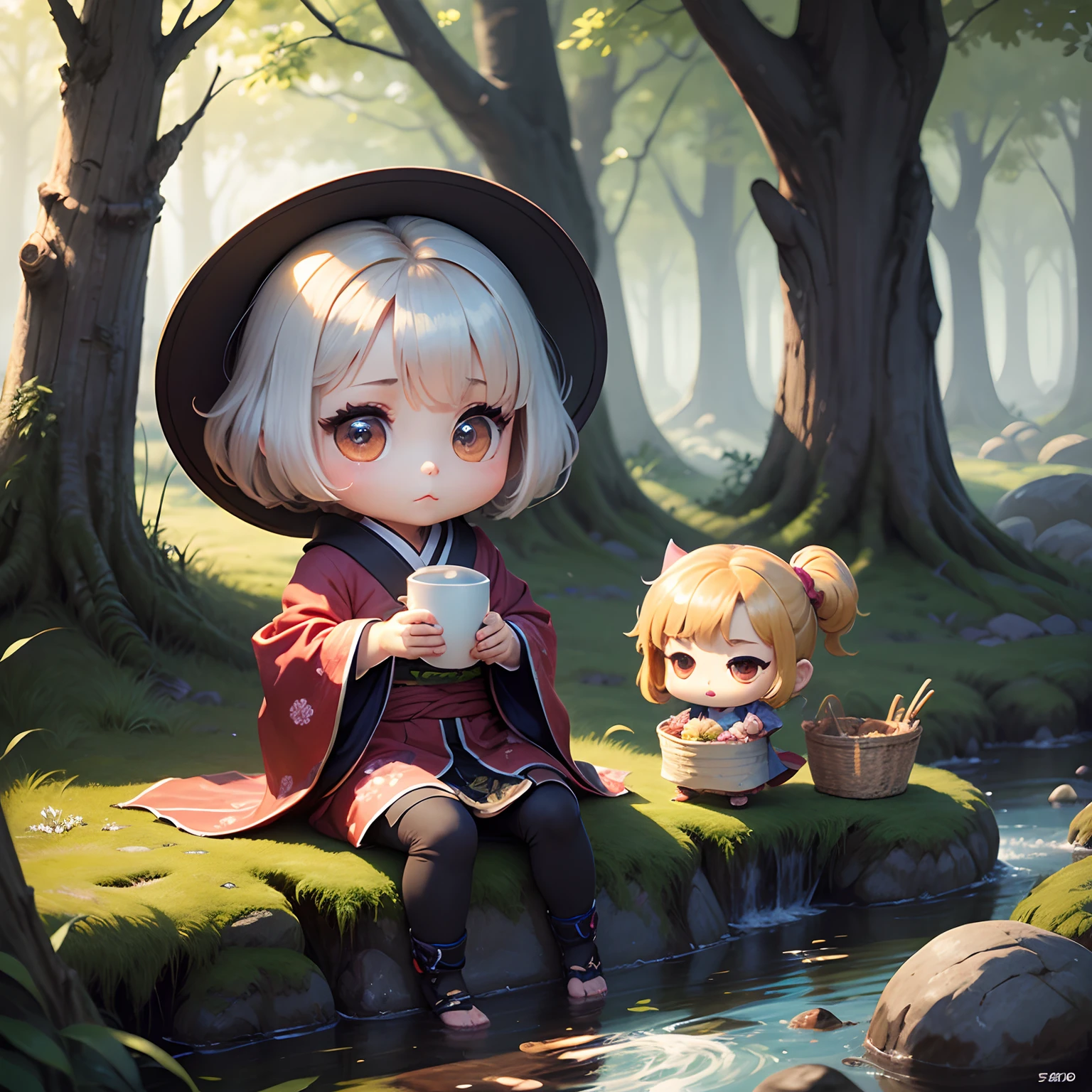 masterpiece、top-quality、ultra-detailliert、(Chibi Chara Folktale:1.2)、old lady、Kimono、Laundry basket、Fairytale forest river、Big Peach、