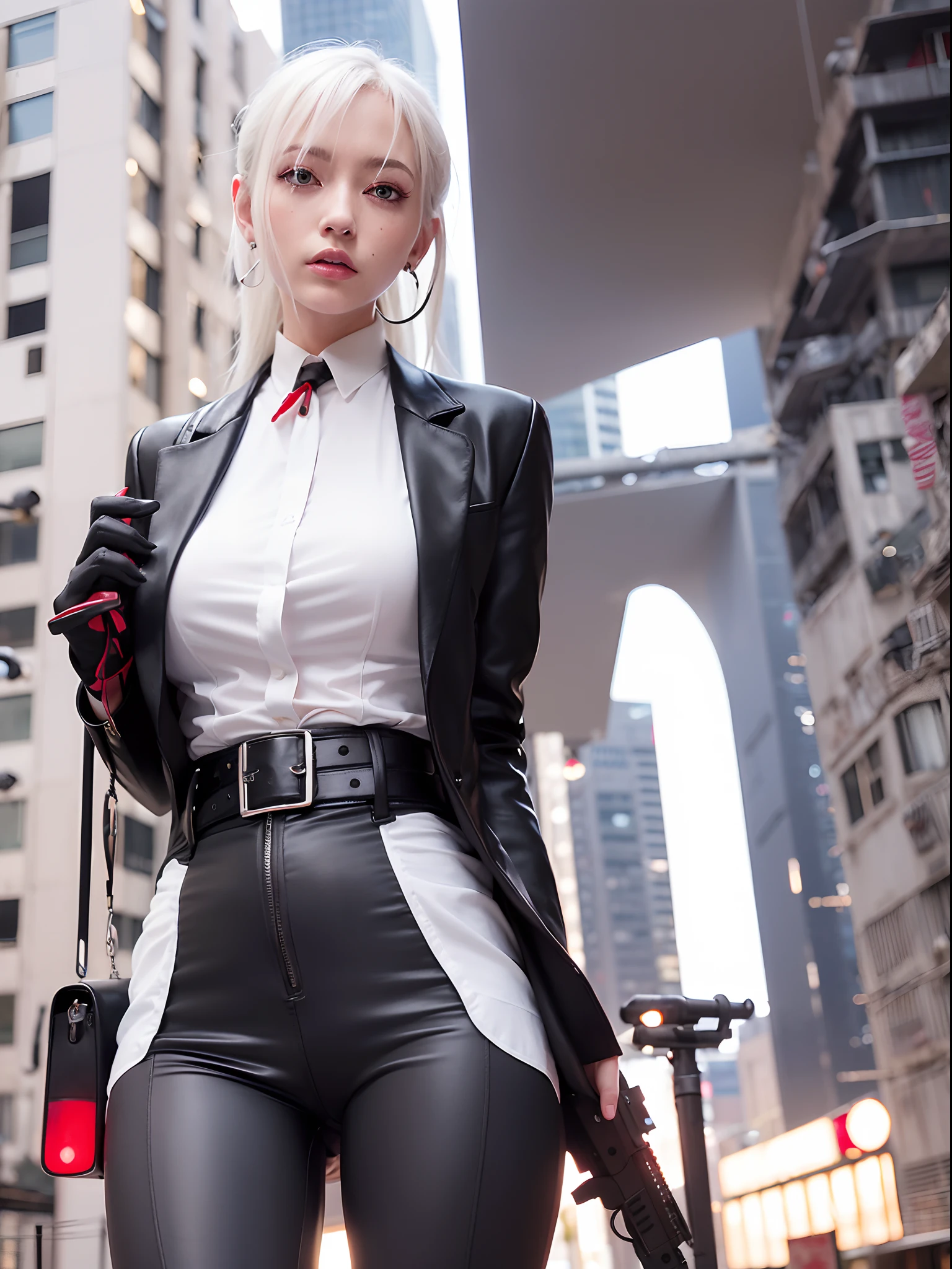 1girll, Close-up Shot Shot, (White hair, Medium hair, Large breasts, Red eyes), Perfect anatomy, City, Cyberpunk Style, ((White shirt, Black jacket, Black skirt, navel, belt, Black gloves, Neck tie, Wrist watch, Earrings, Sheer black leggings)), ((holding gun)), War, Ruined city, battlefiled, rubble, Buildings,cigarettes