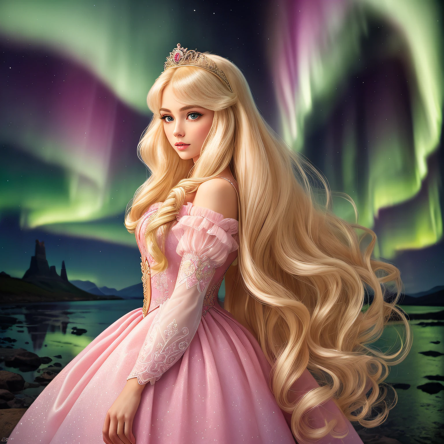 fantastic, mysterious, beautiful, Princess Aurora watching the aurora borealis, pink doress, blonde, (Masterpiece), (Best Quality), (Ultra high Detailed),intricate details, intricate detail texture,