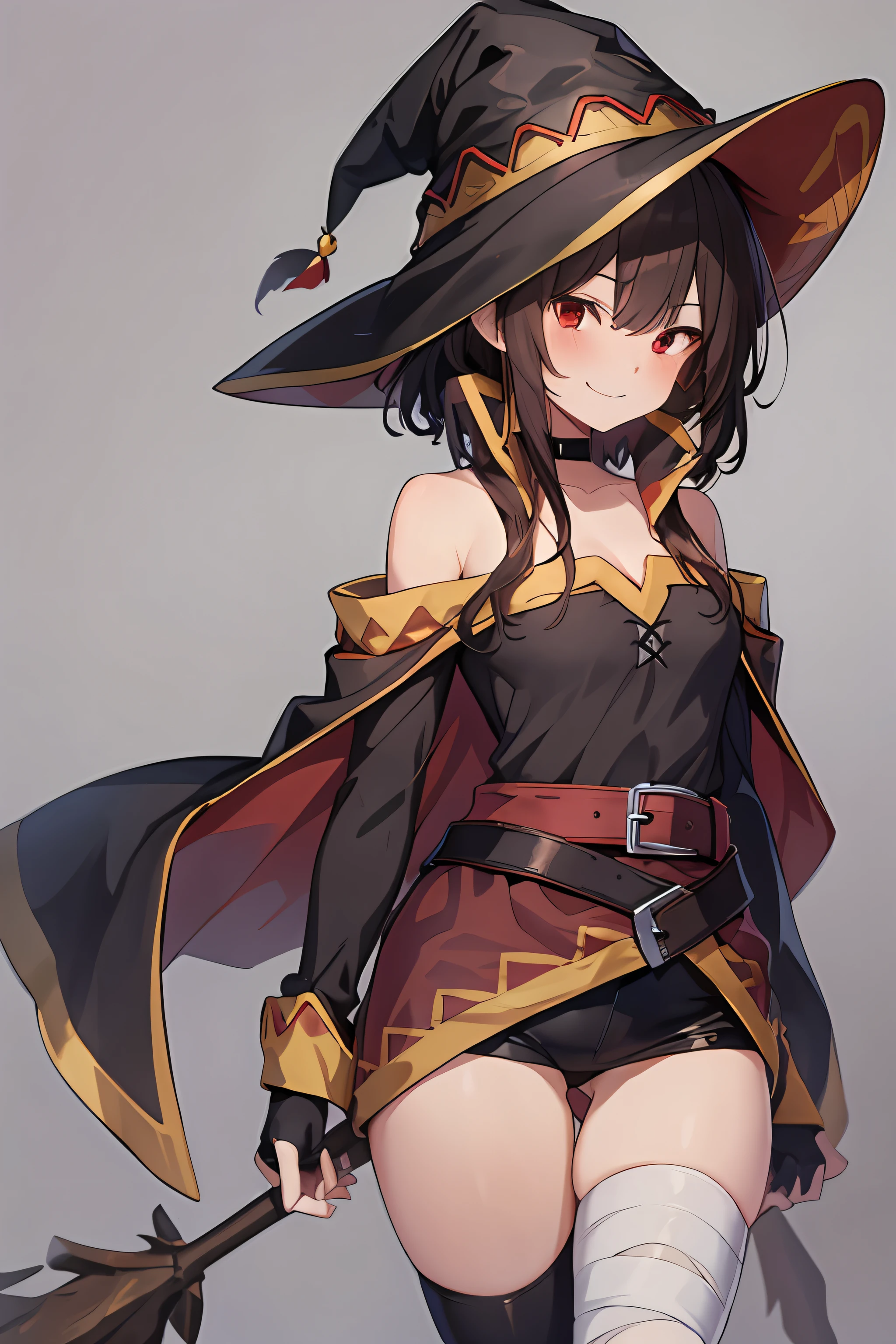 Megumin, Crazy Wizard, 1 Girl, Solo, Witch Hat, Brown Hair, Long Short Hair, Red Eyes, Blush, Evil Smile, Black Choker, Clavicle, Flat Chest, Off-Shoulder Dress, Red Dress, Brown Cloak, Long Sleeves, Black Gloves, Fingerless Gloves, Brown Belt, Gold Trim, (Asymmetrical legs: 1.4), unmatched legwear, (bandaged legs: 1.3), black thighs, (arms behind the back: 1.3), simple background, high quality, high resolution. ((outdoors))