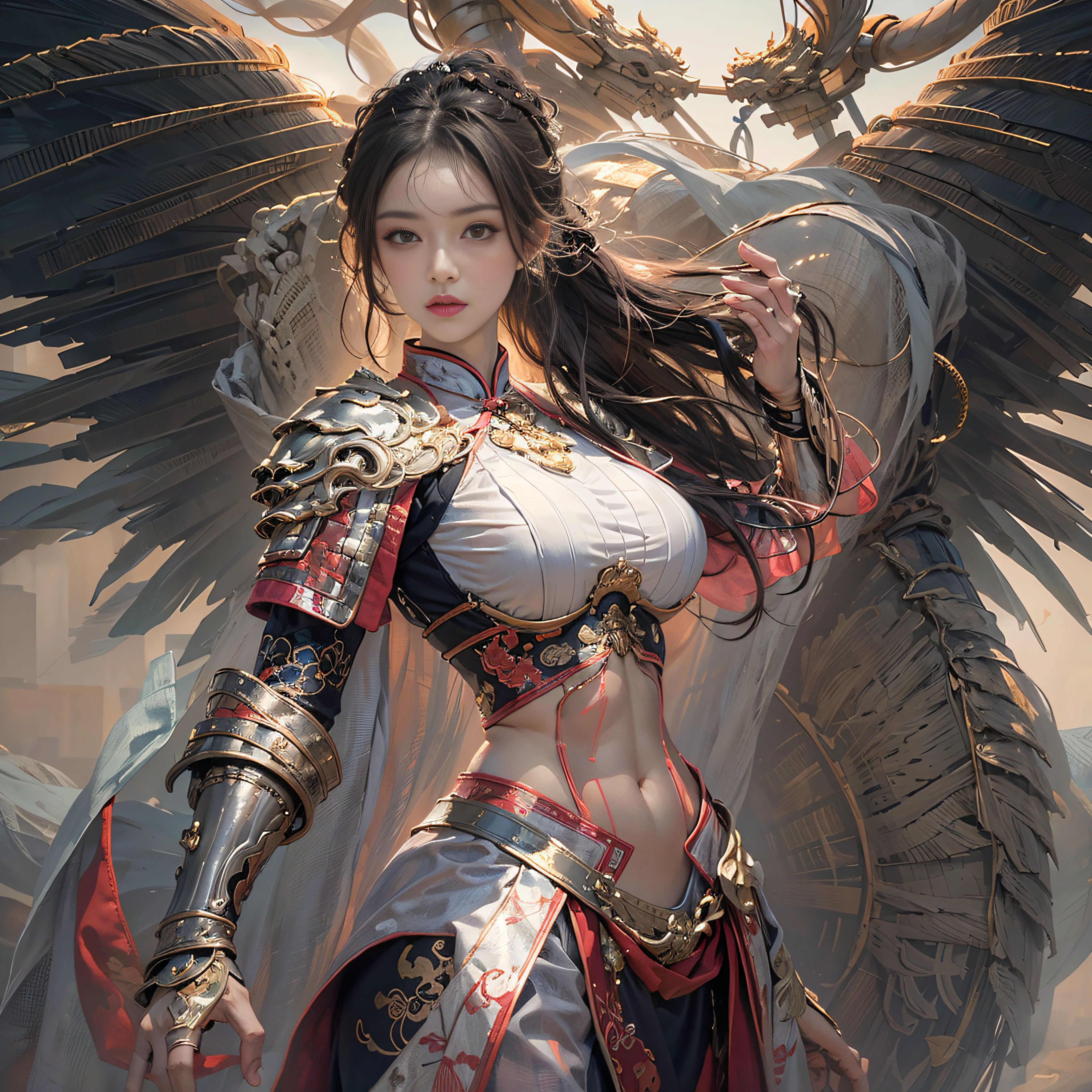 high resolution, 1 woman, ( full body ) , hips up, brown long hair, beautiful eyes, big breast, angel style, samurai armor, (photorealistic:1.4), god rays, cinematic lighting, film grain, best quality, super detail, textured skin, highres