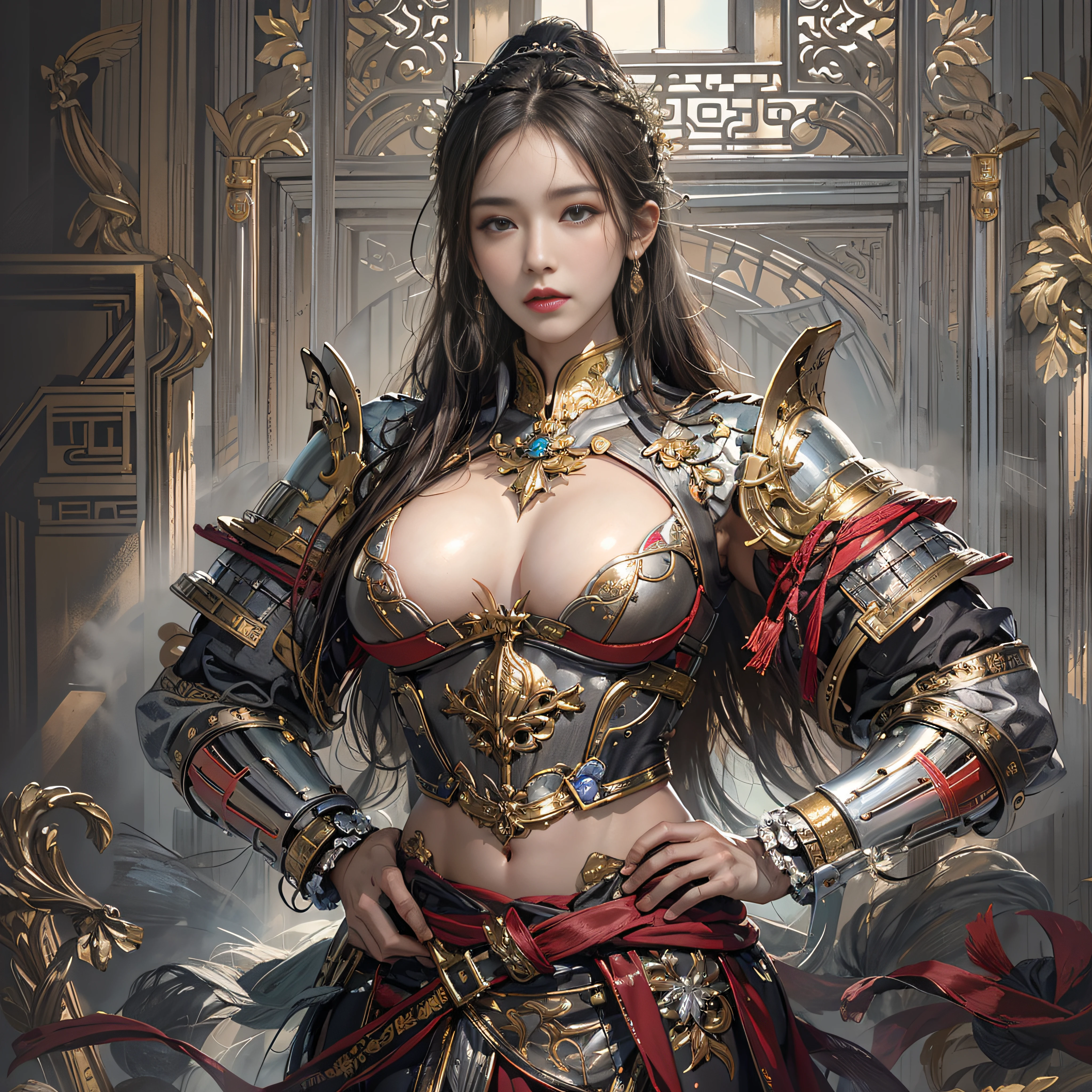 photorealistic portrait, high-res, Soft light,1woman, bara, Full-body image, Slender Figure, Hip up, gleaming skin, Overflowing big breasts, Reveal the breasts., (higly detailed face), chinese armor