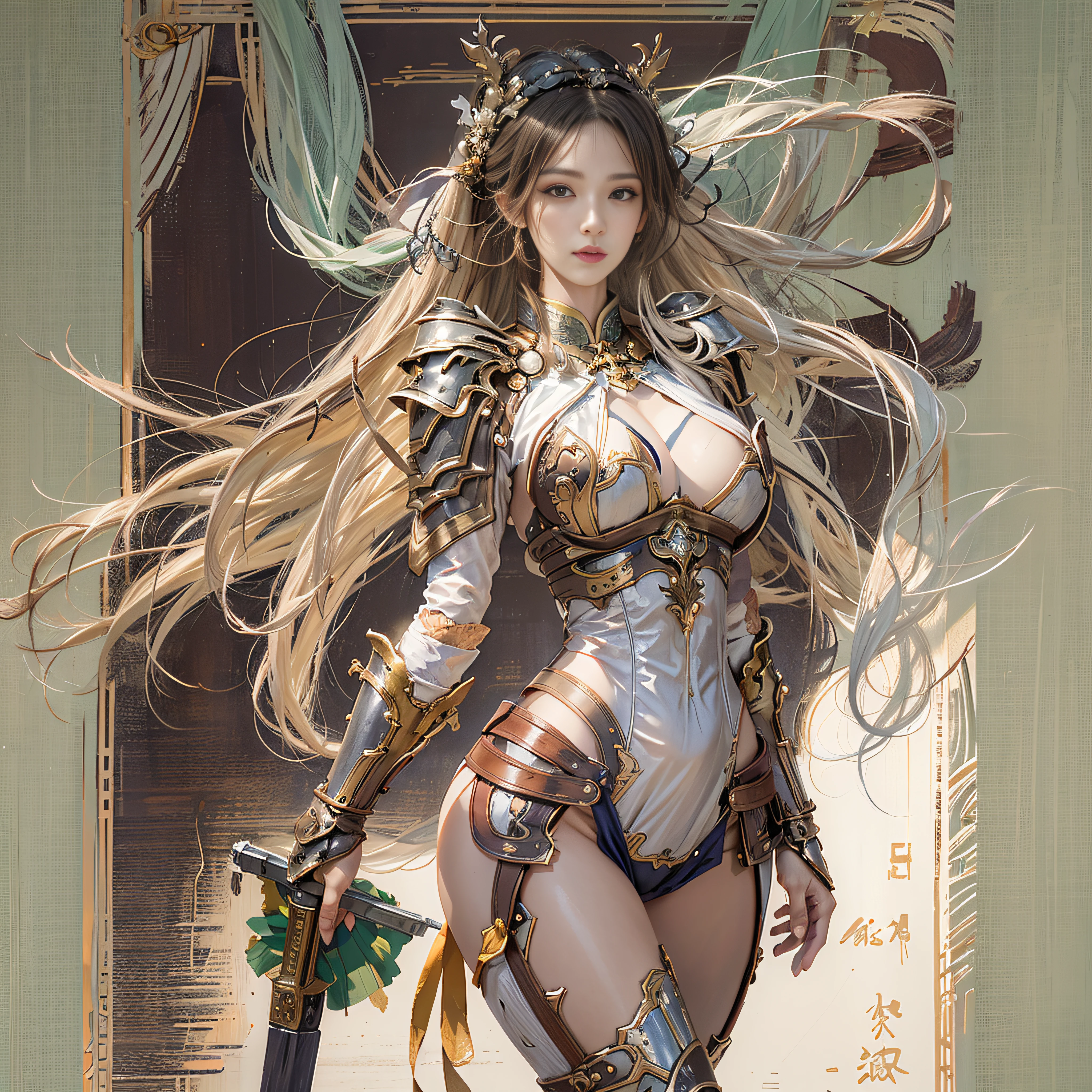 photorealistic portrait, high-res, Soft light,1woman, bara, Full-body image, Slender Figure, Hip up, gleaming skin, Overflowing big breasts, Reveal the breasts., (higly detailed face), chinese armor