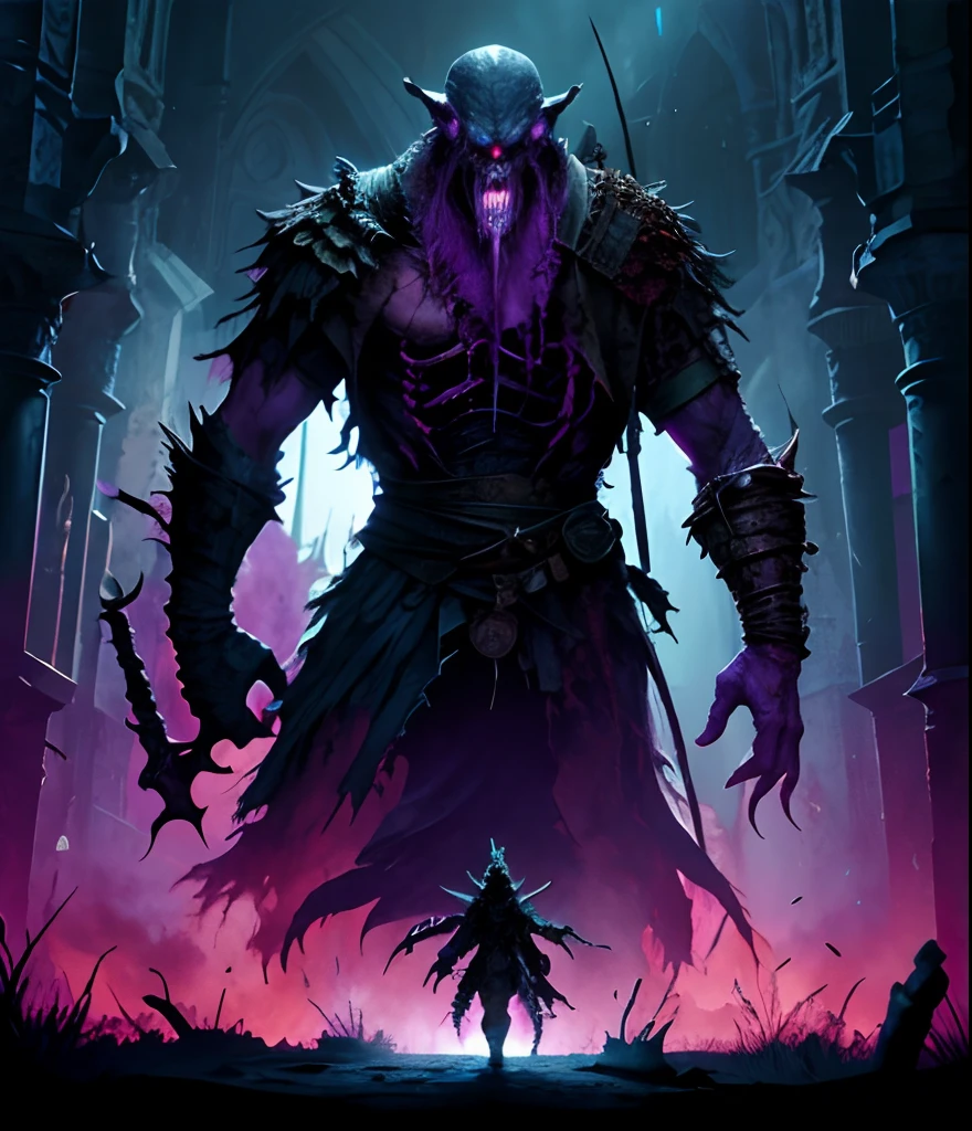 A creepy monster in an ancient castle.Horror.The monster must be purple in color, to be in the dark and look out of it with a terrible gaze. Стилистика dark souls. Dark Fantasy. hiquality. Realistic textures.
