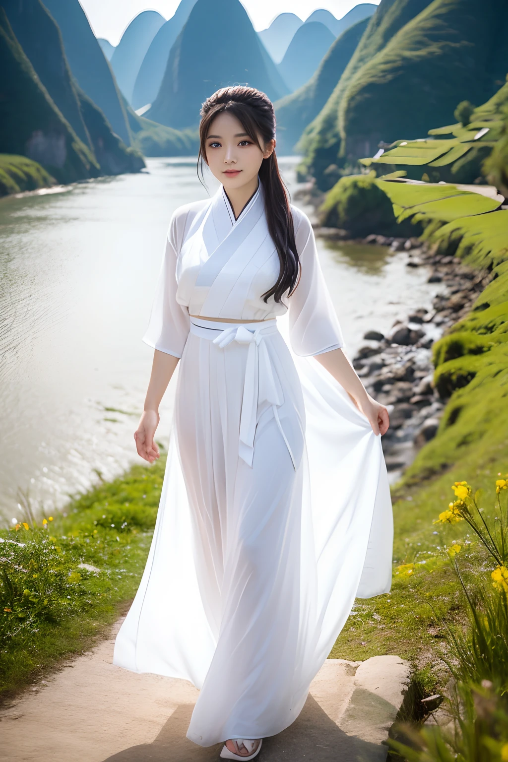 A 20-year-old woman,Wear white Hanfu,Walk among the mountains and rivers of Guilin.