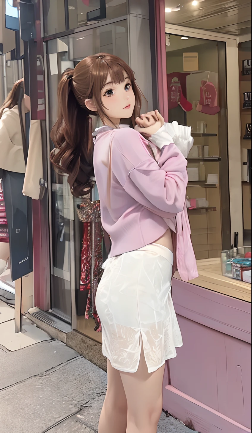 (Raw photography、top-quality)、(realisitic、Photorealsitic:1.3)、​masterpiece、extremely delicate and beautiful、nffsw、Unity、2k wallpaper、astonishing、finely detail、8K Wallpapers、hight resolution、1girl in、Soft light、((Brown hair、poneyTail))、a beautiful detailed girl、Angle from the side、Looking at the camera、1girl in、cute little、25-years old、((large full breasts、 Breasts visible from the top of clothes))、Realistic beautiful face、Realistic body、Lustrous skin texture、Beautiful detailed thighs、（Clothes are see-through、a miniskirt:1.3）、thighs thighs thighs thighs、(up skirt）